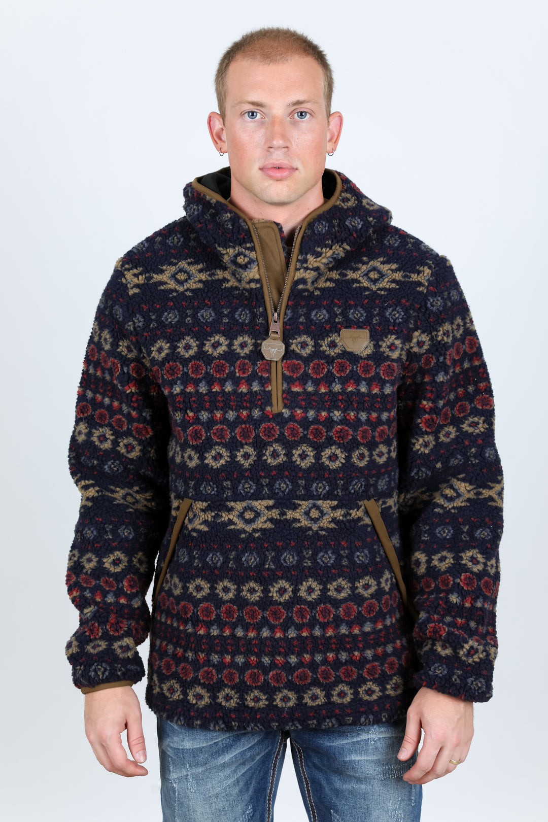 Mens Aztec Sherpa Hooded Pullover Stay Warm and Stylish this
