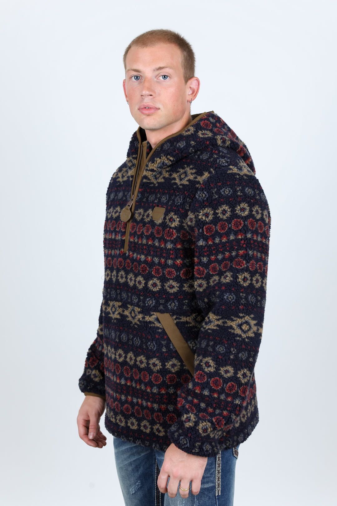 Mens Aztec Sherpa Hooded Pullover - Navy