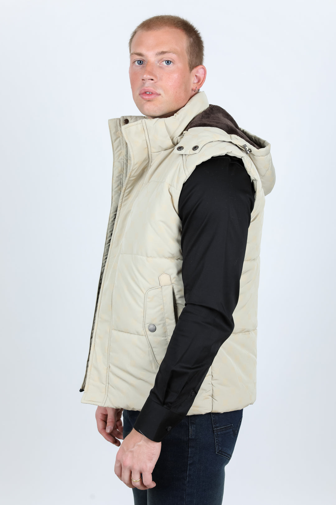 Men's Fur Lined Quilted Monogram Vest - Beige