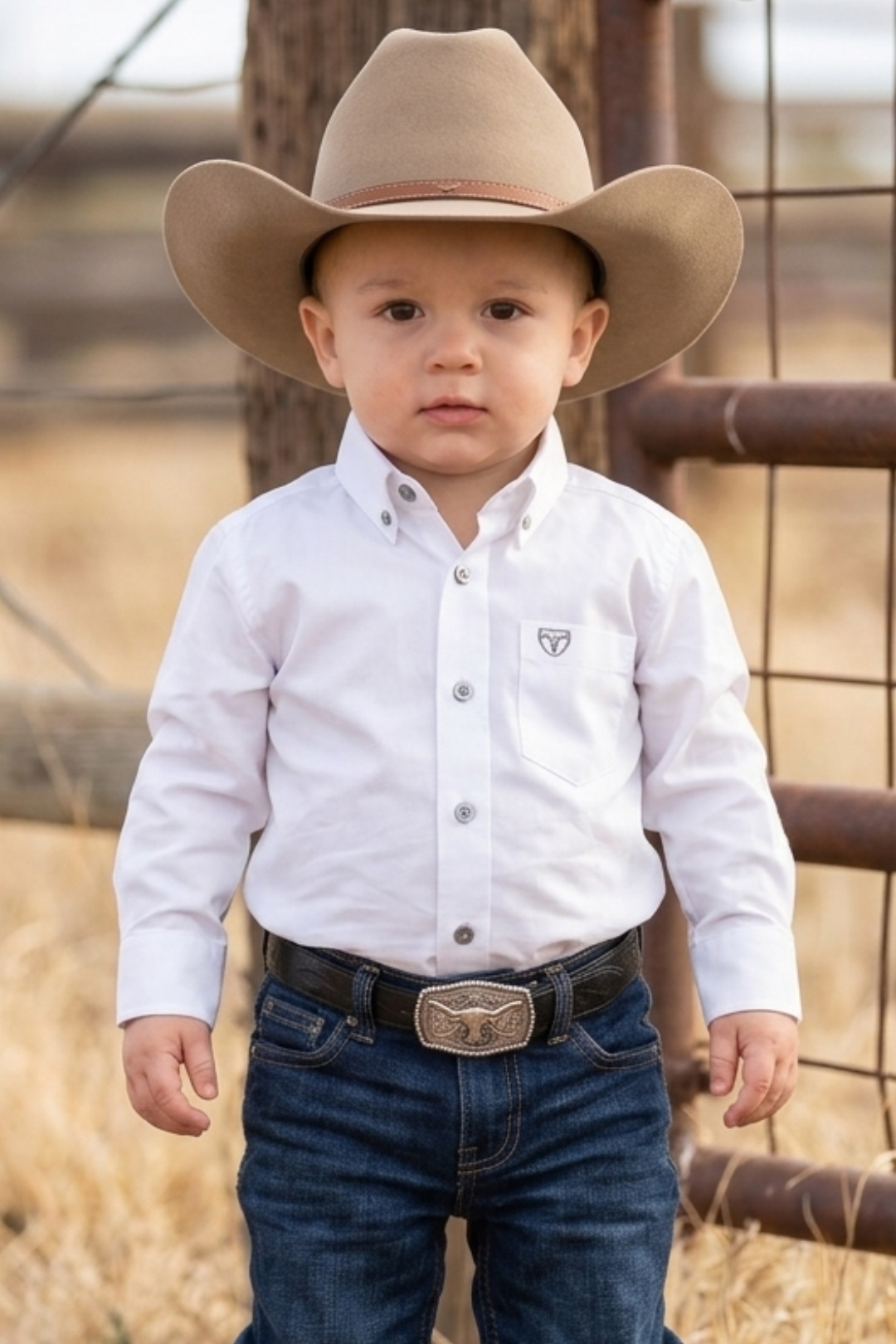 white cattle baby dress shirt platini front