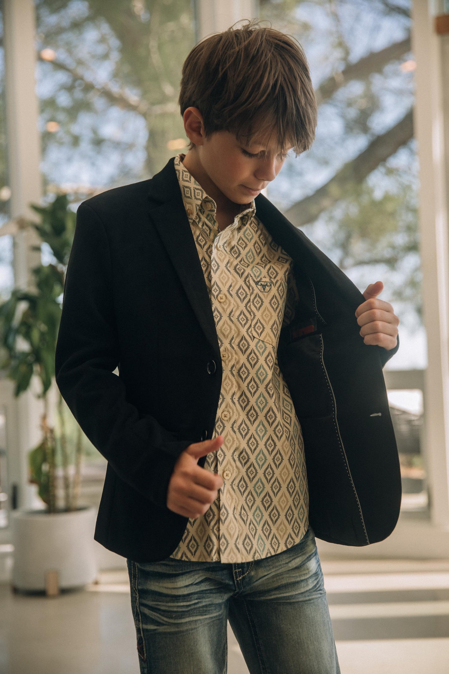 Boys' Double Button Black Faux-Suede Blazer