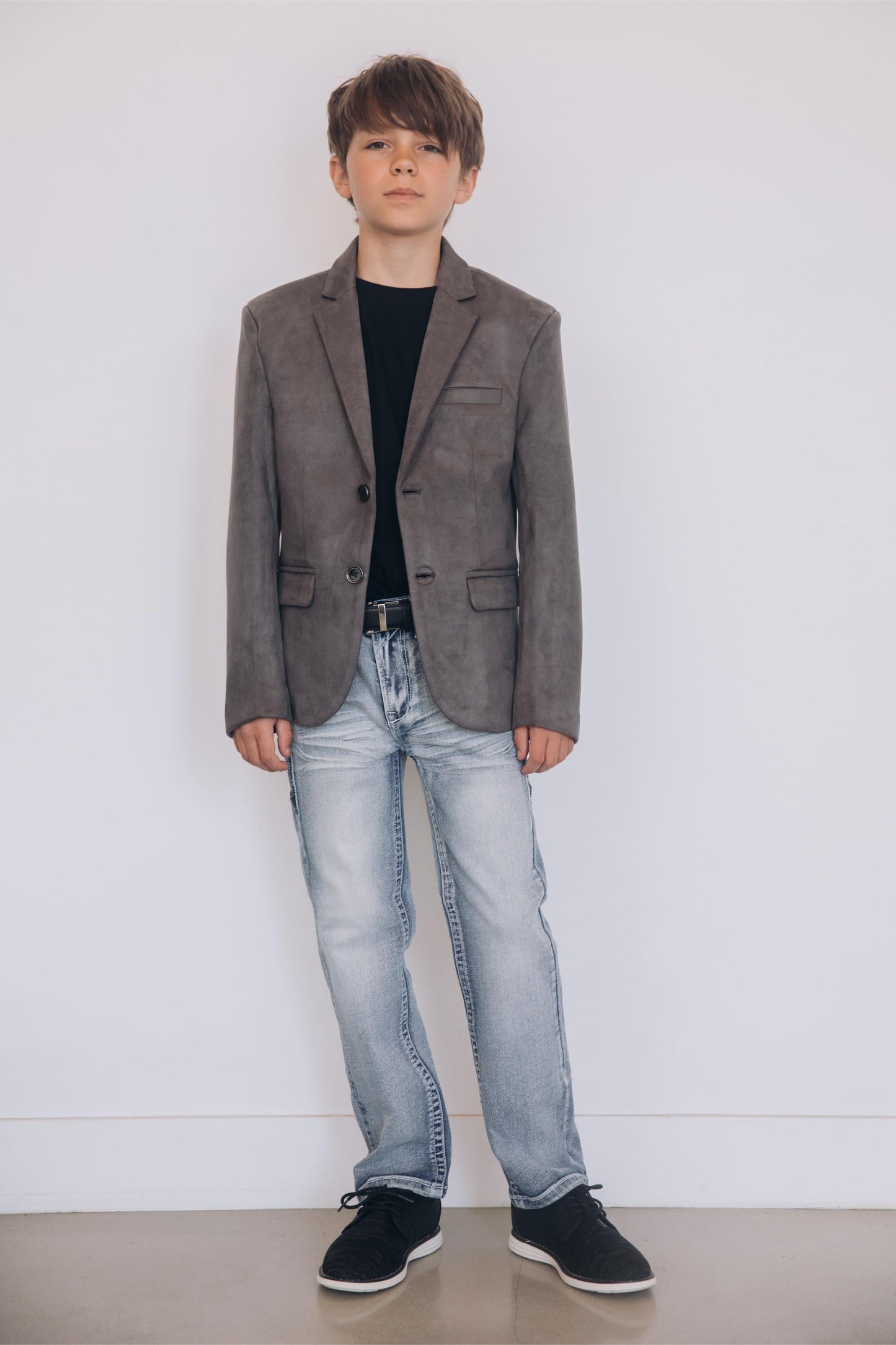 Boys' Double Button Grey Faux-Suede Blazer