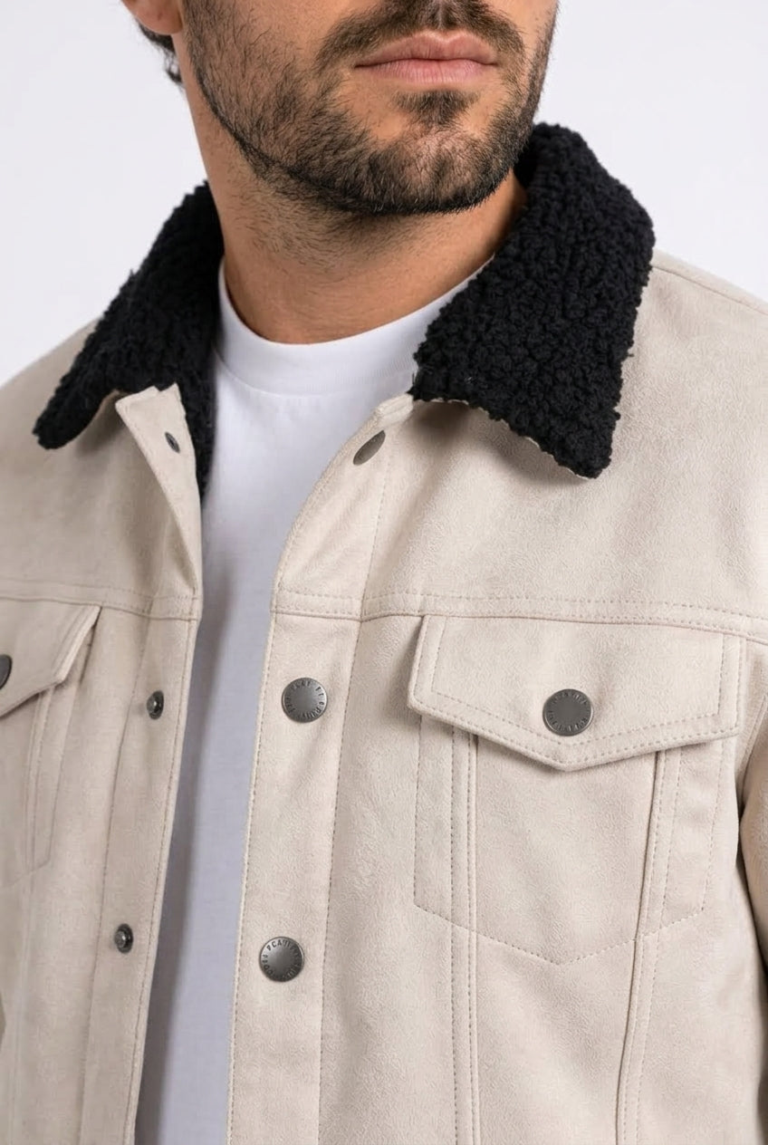 beige faux suede sherpa trucker jacket men platini detail