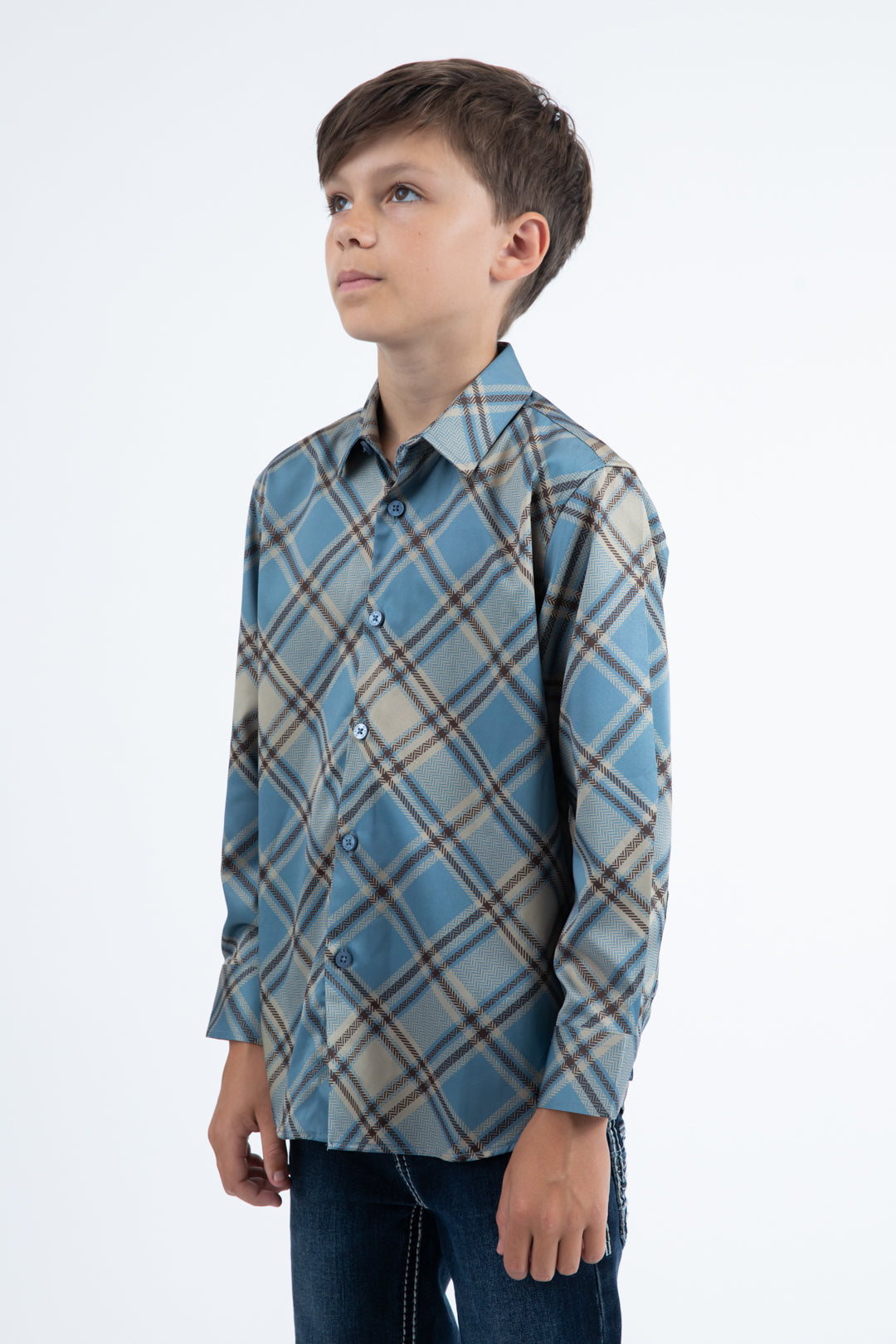 Kid's Checkered Long Sleeve Blue Shirt