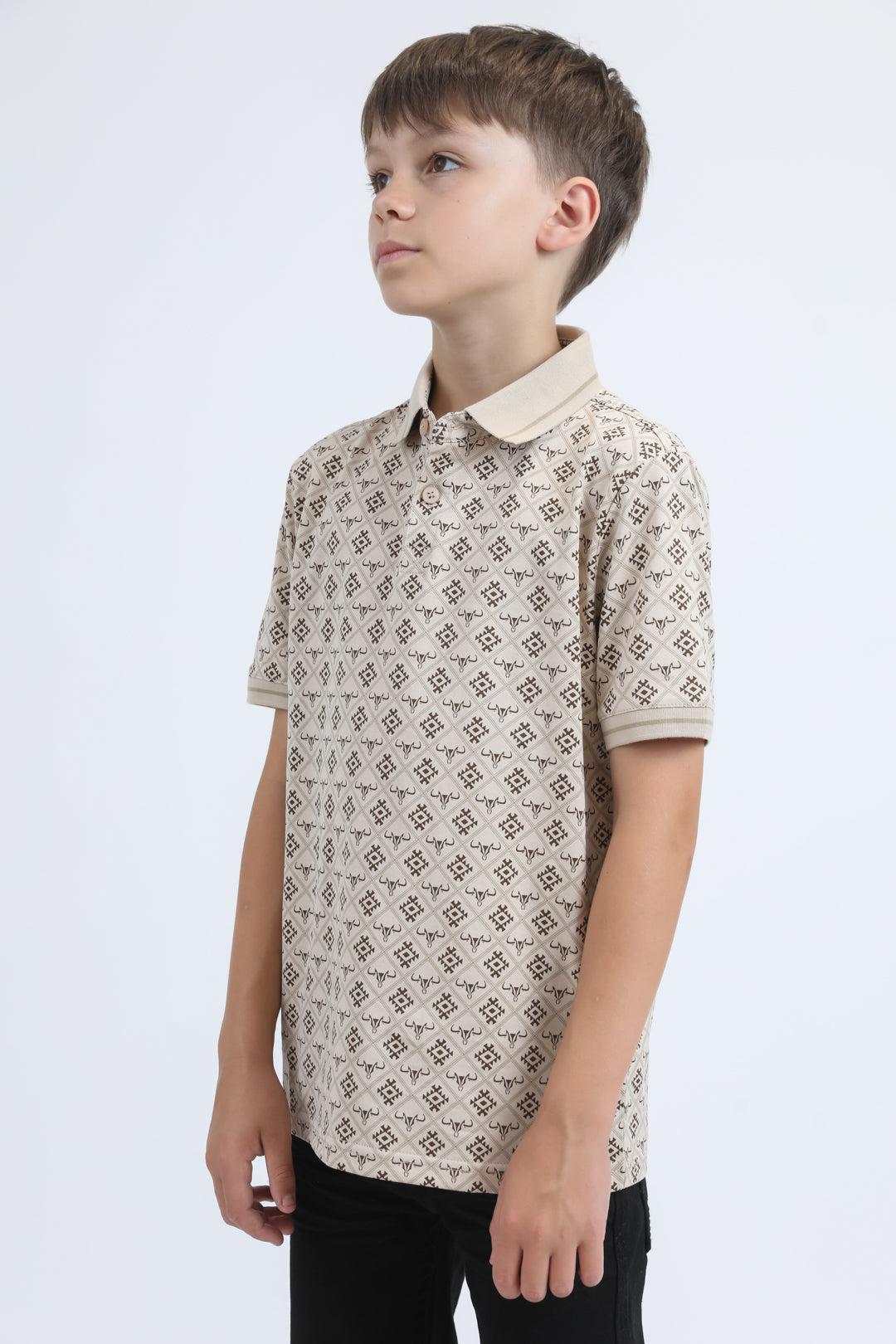 Kids Cotton Modern Fit Stretch Aztec Print Beige Polo