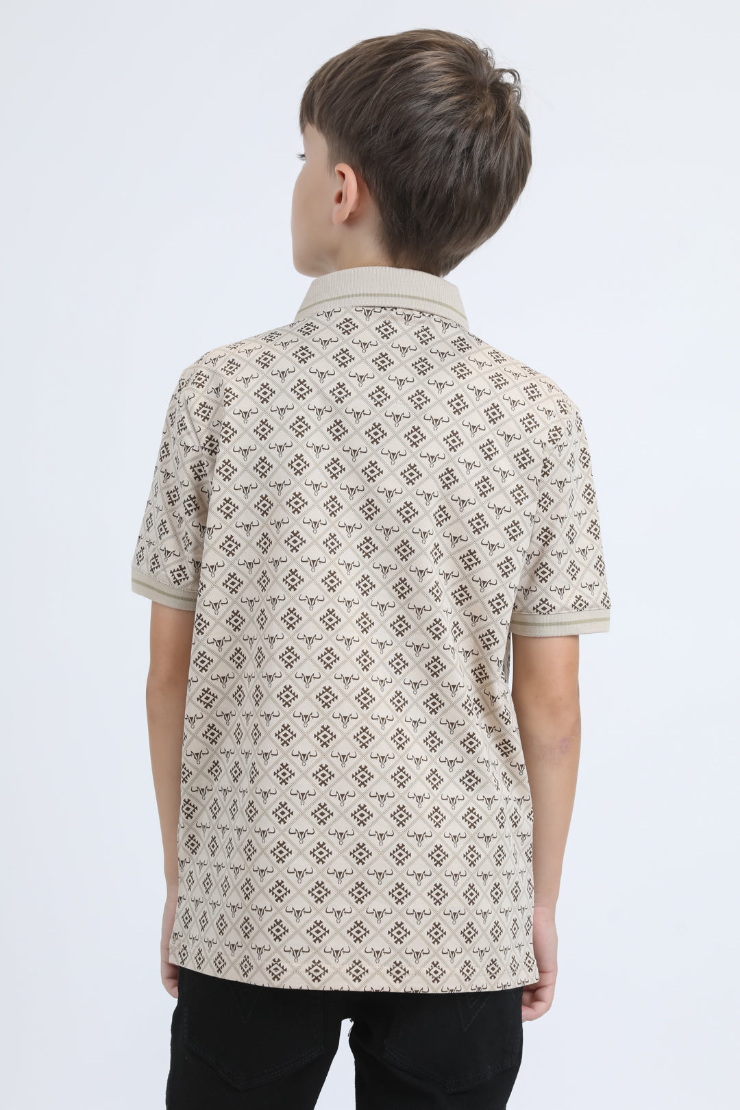 Kids Cotton Modern Fit Stretch Aztec Print Beige Polo