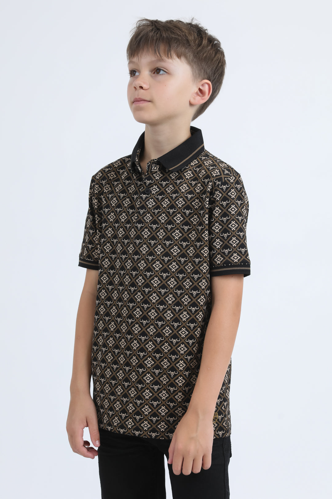 Kids Cotton Modern Fit Stretch Aztec Print Black Polo