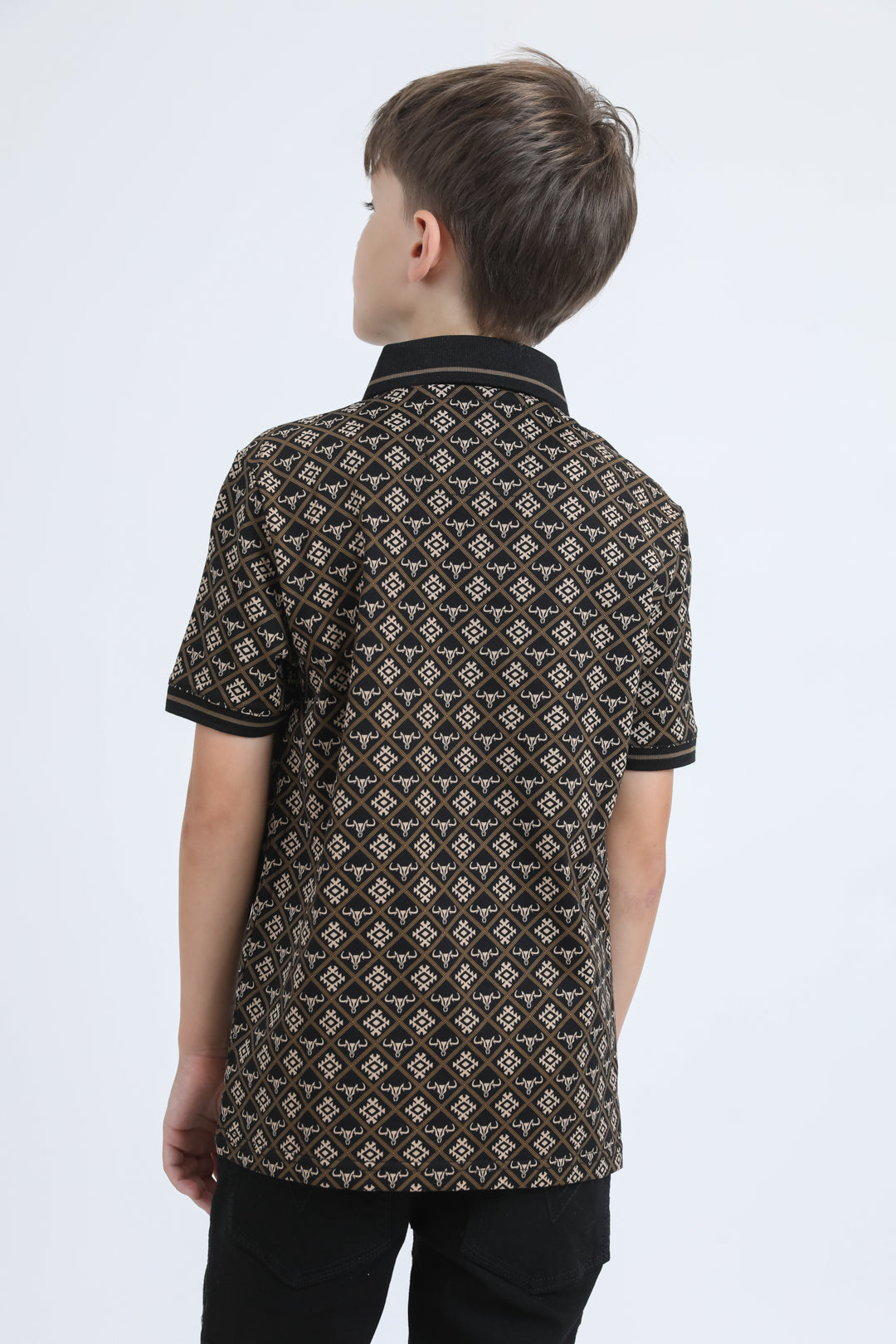Kids Cotton Modern Fit Stretch Aztec Print Black Polo