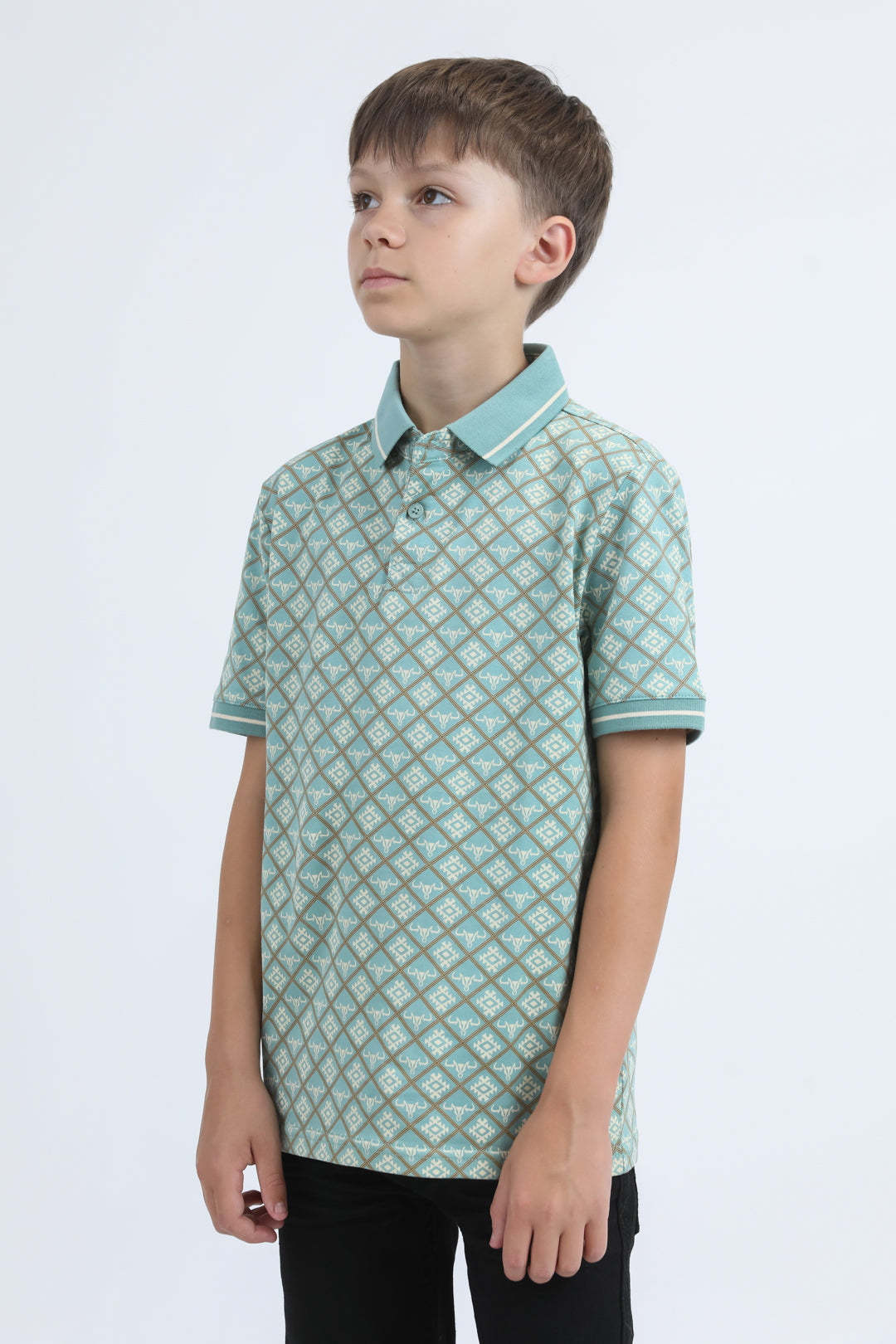 Kids Cotton Modern Fit Stretch Aztec Print Blue Polo