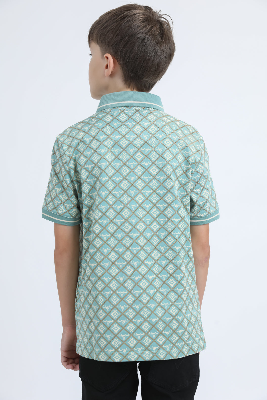 Kids Cotton Modern Fit Stretch Aztec Print Blue Polo