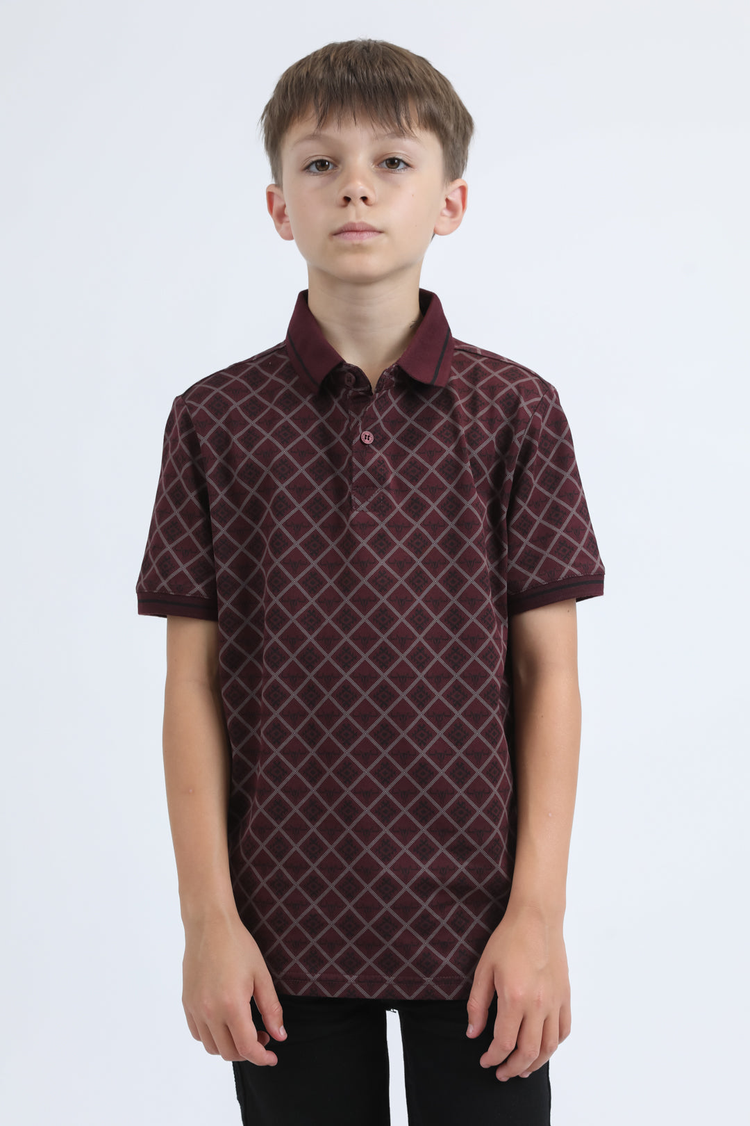 Kids Cotton Modern Fit Stretch Aztec Print Burgundy Polo