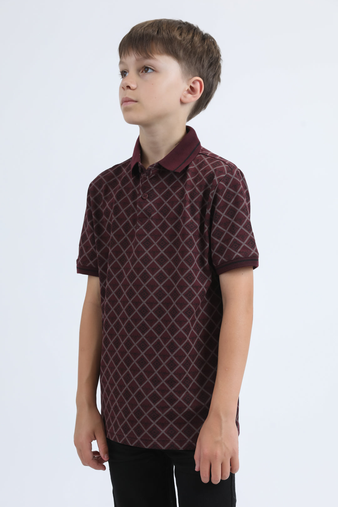 Kids Cotton Modern Fit Stretch Aztec Print Burgundy Polo