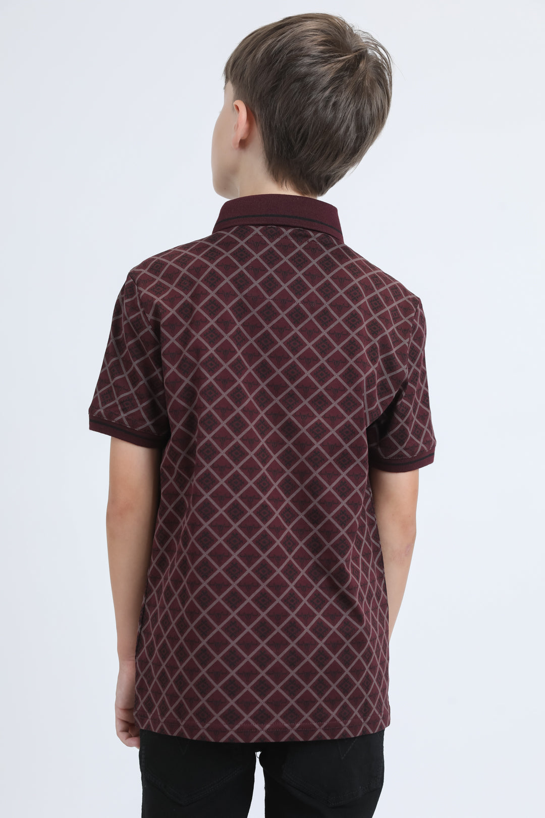 Kids Cotton Modern Fit Stretch Aztec Print Burgundy Polo