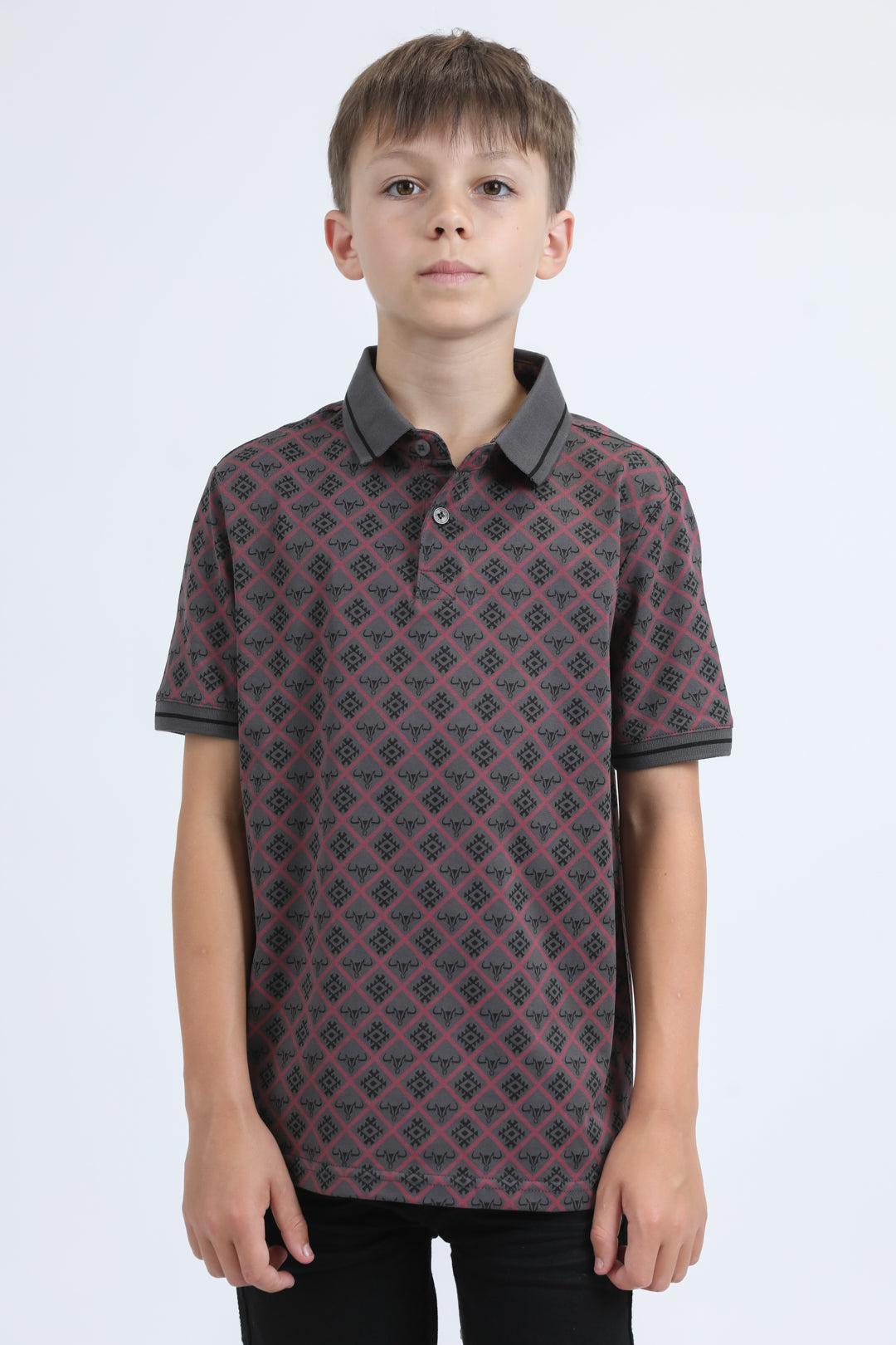 Kids Cotton Modern Fit Stretch Aztec Print Grey Polo