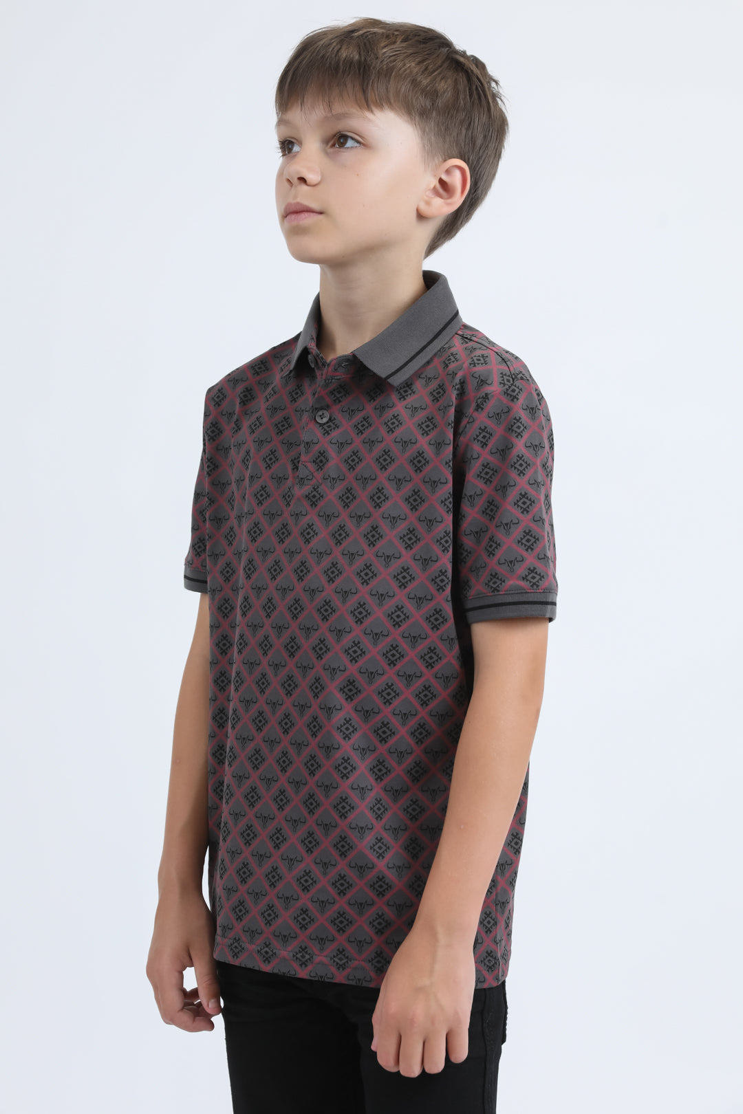 Kids Cotton Modern Fit Stretch Aztec Print Grey Polo