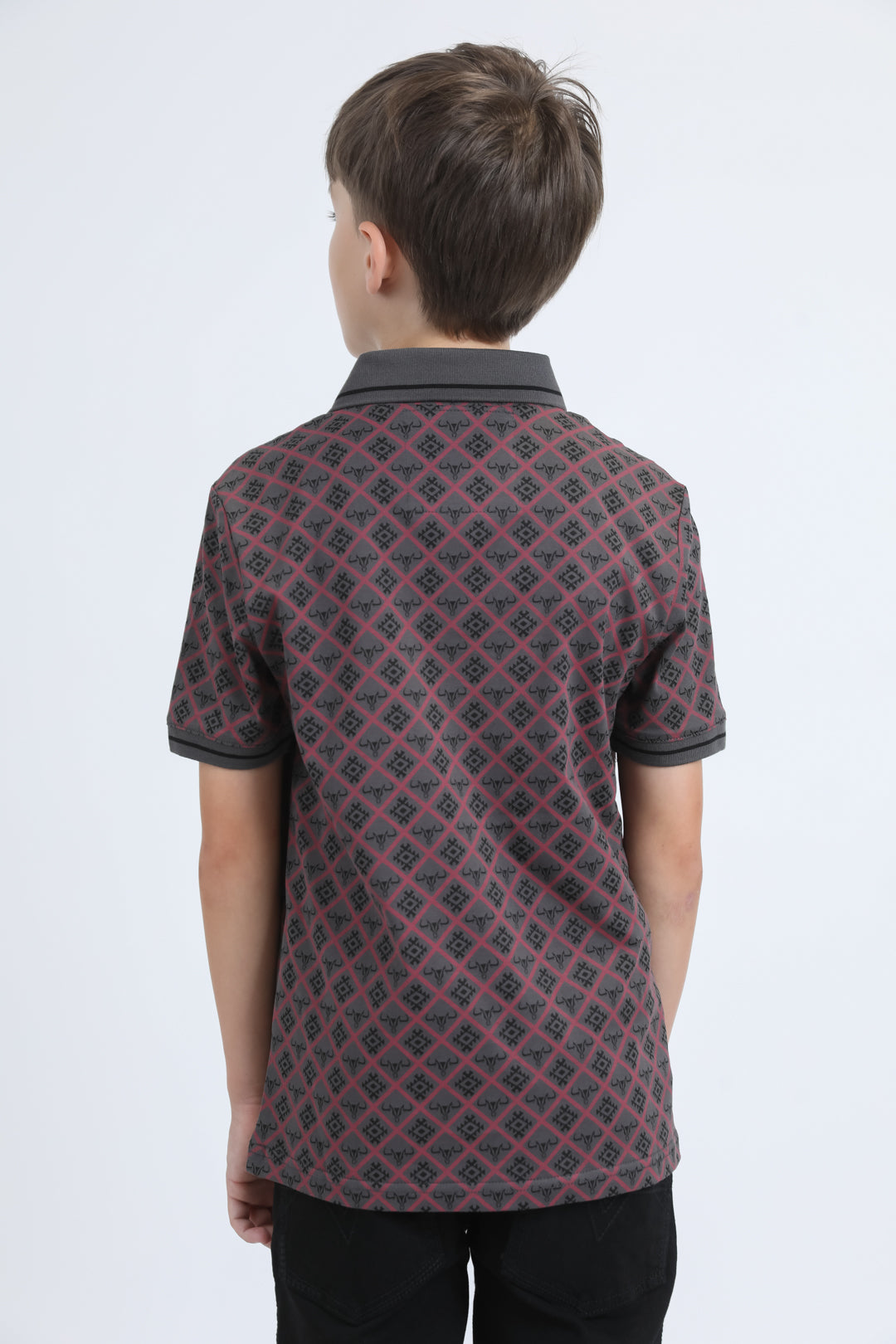 Kids Cotton Modern Fit Stretch Aztec Print Grey Polo