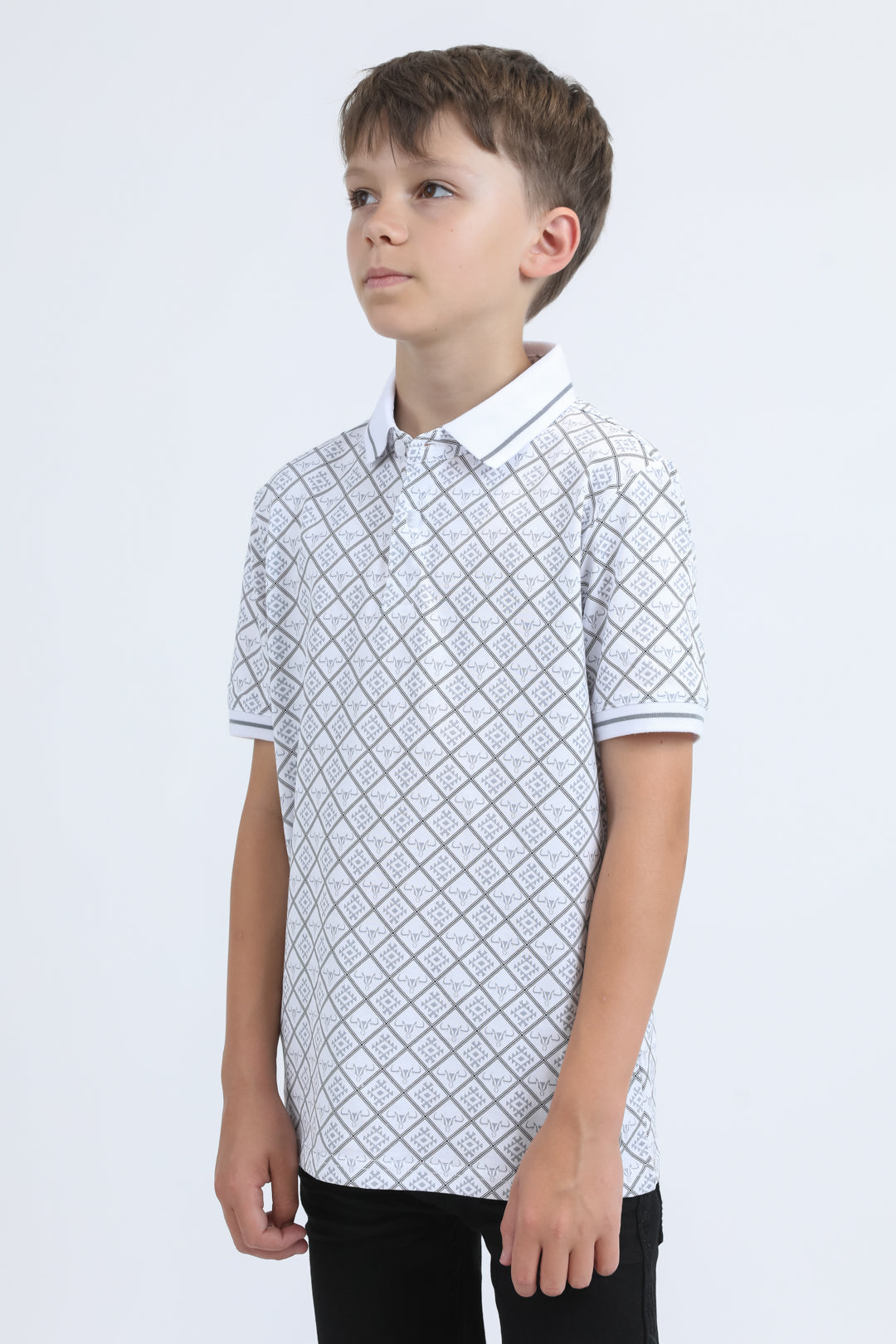 Kids Cotton Modern Fit Stretch Aztec Print White Polo