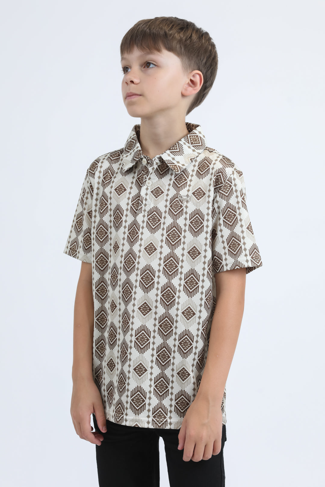 Kids Performance Fabric Modern Fit Stretch Aztec Print Beige Polo