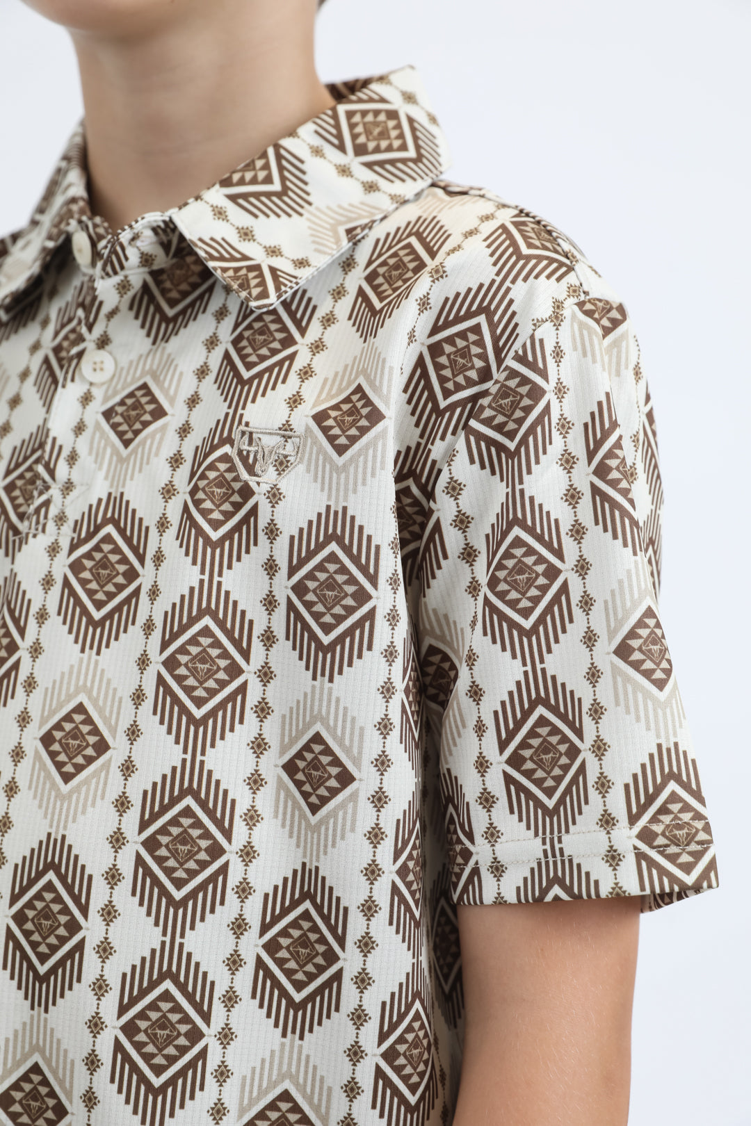 Kids Performance Fabric Modern Fit Stretch Aztec Print Beige Polo