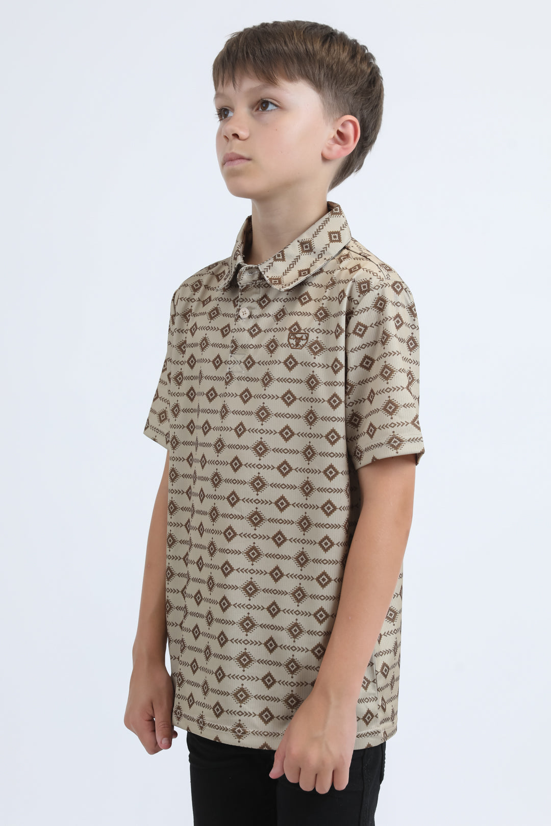 Kids Performance Fabric Modern Fit Stretch Aztec Print Beige Polo