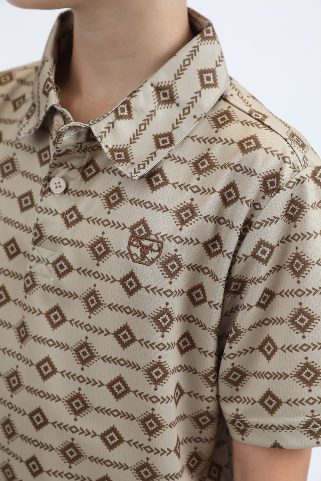 Kids Performance Fabric Modern Fit Stretch Aztec Print Beige Polo