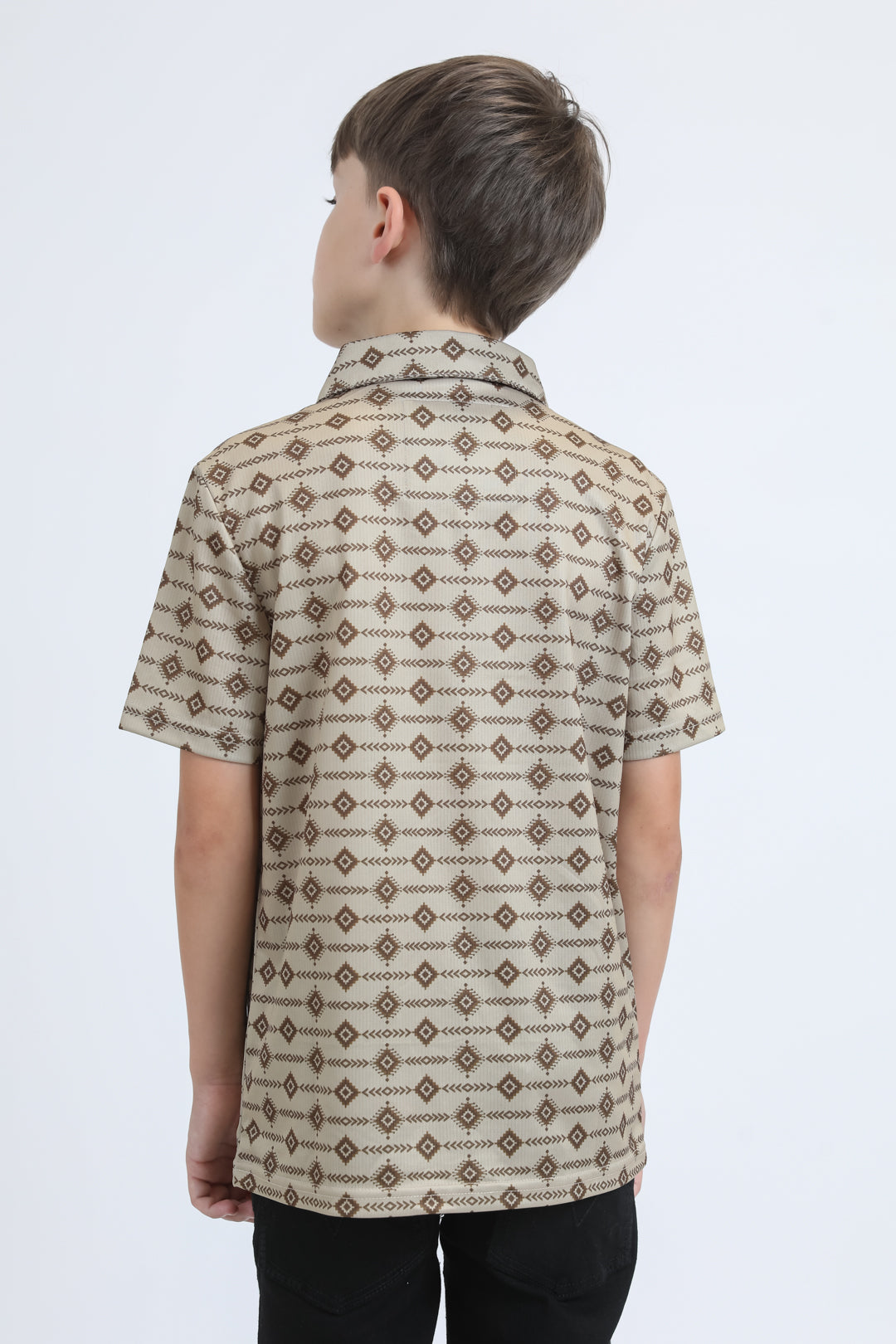 Kids Performance Fabric Modern Fit Stretch Aztec Print Beige Polo