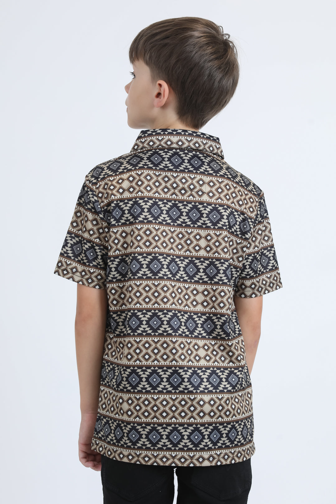 Kids Performance Fabric Modern Fit Stretch Aztec Print Black Polo