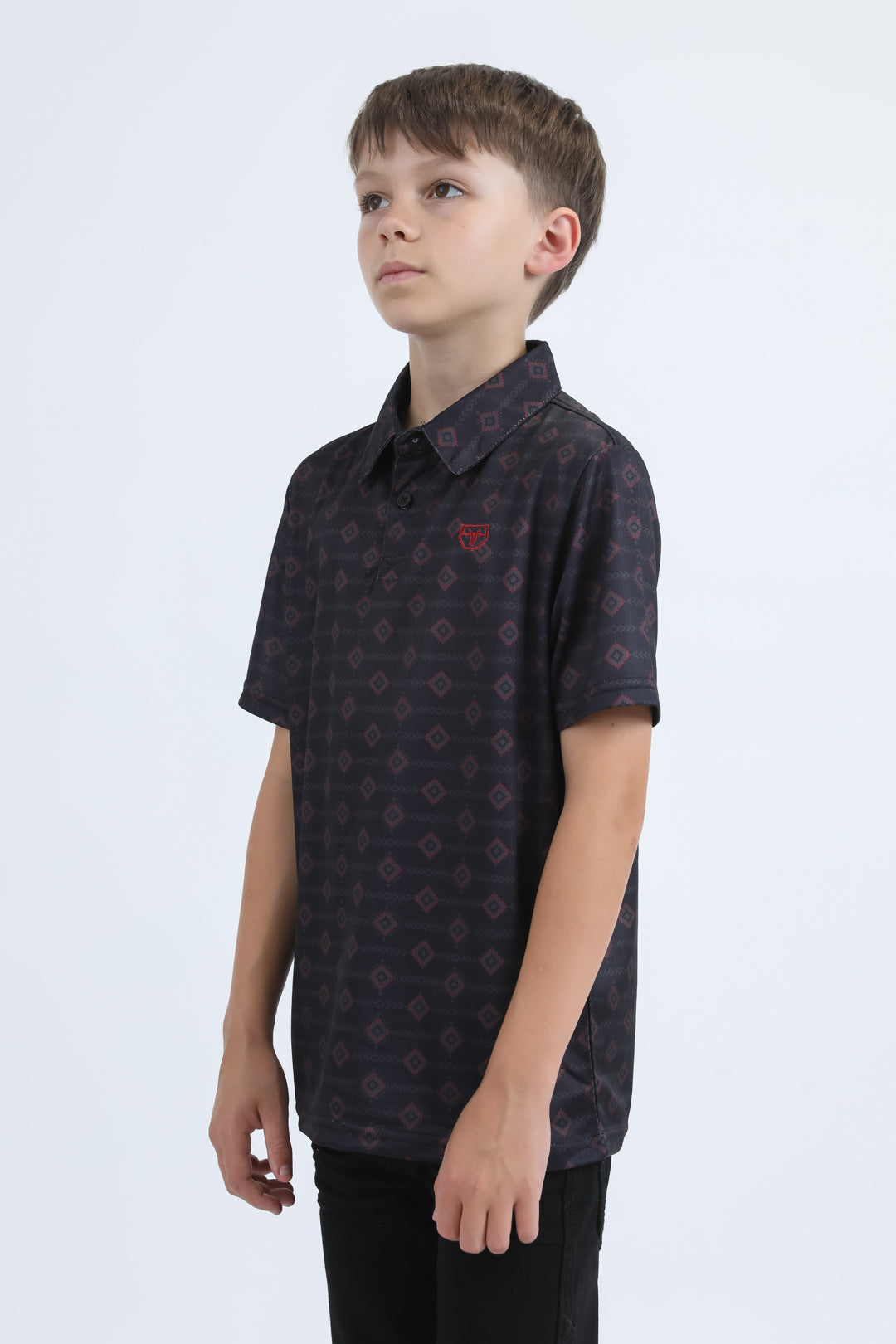 Kids Performance Fabric Modern Fit Stretch Aztec Print Black Polo