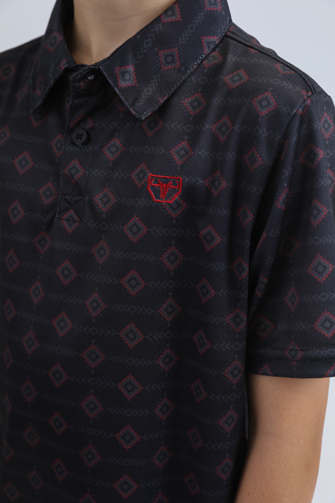 Kids Performance Fabric Modern Fit Stretch Aztec Print Black Polo