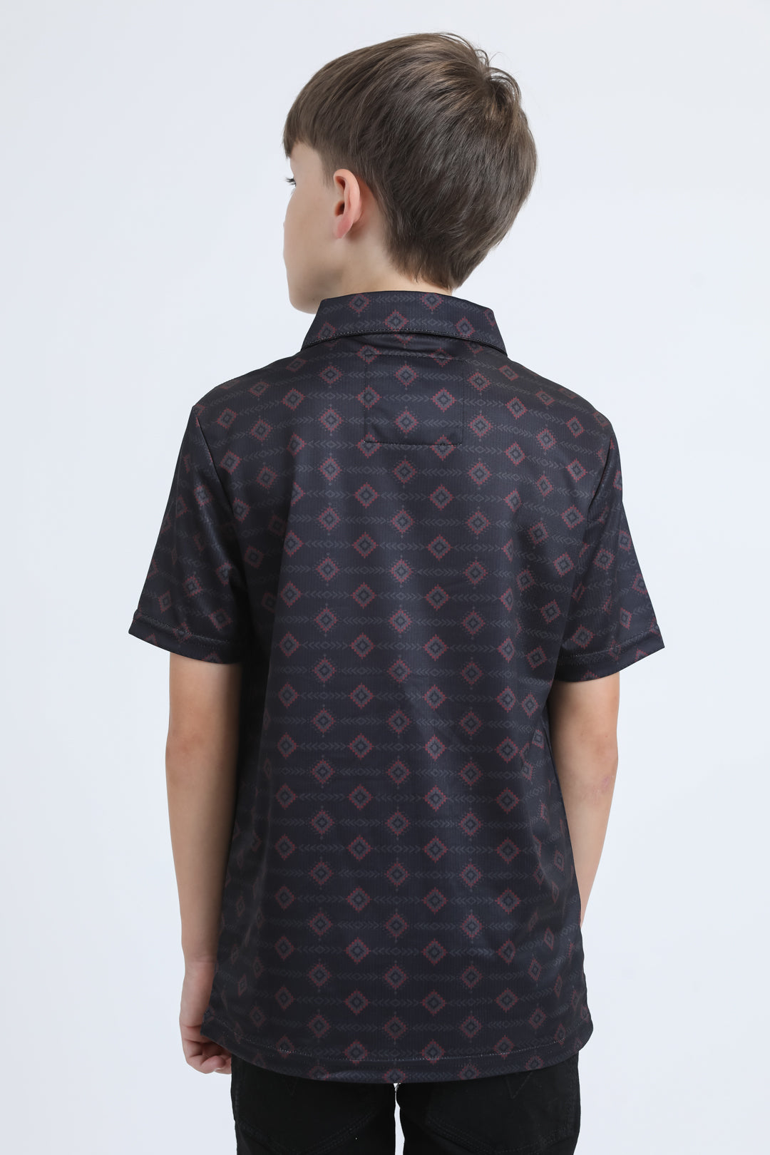 Kids Performance Fabric Modern Fit Stretch Aztec Print Black Polo