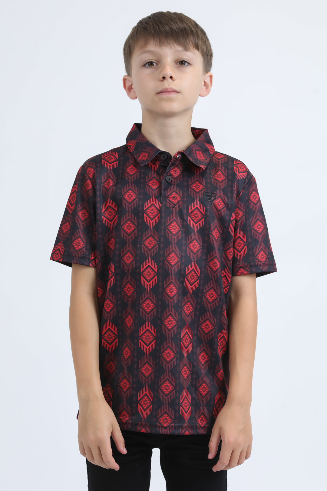 Kids Performance Fabric Modern Fit Stretch Aztec Print Black Polo