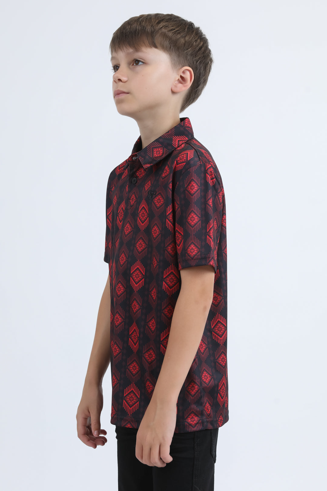 Kids Performance Fabric Modern Fit Stretch Aztec Print Black Polo
