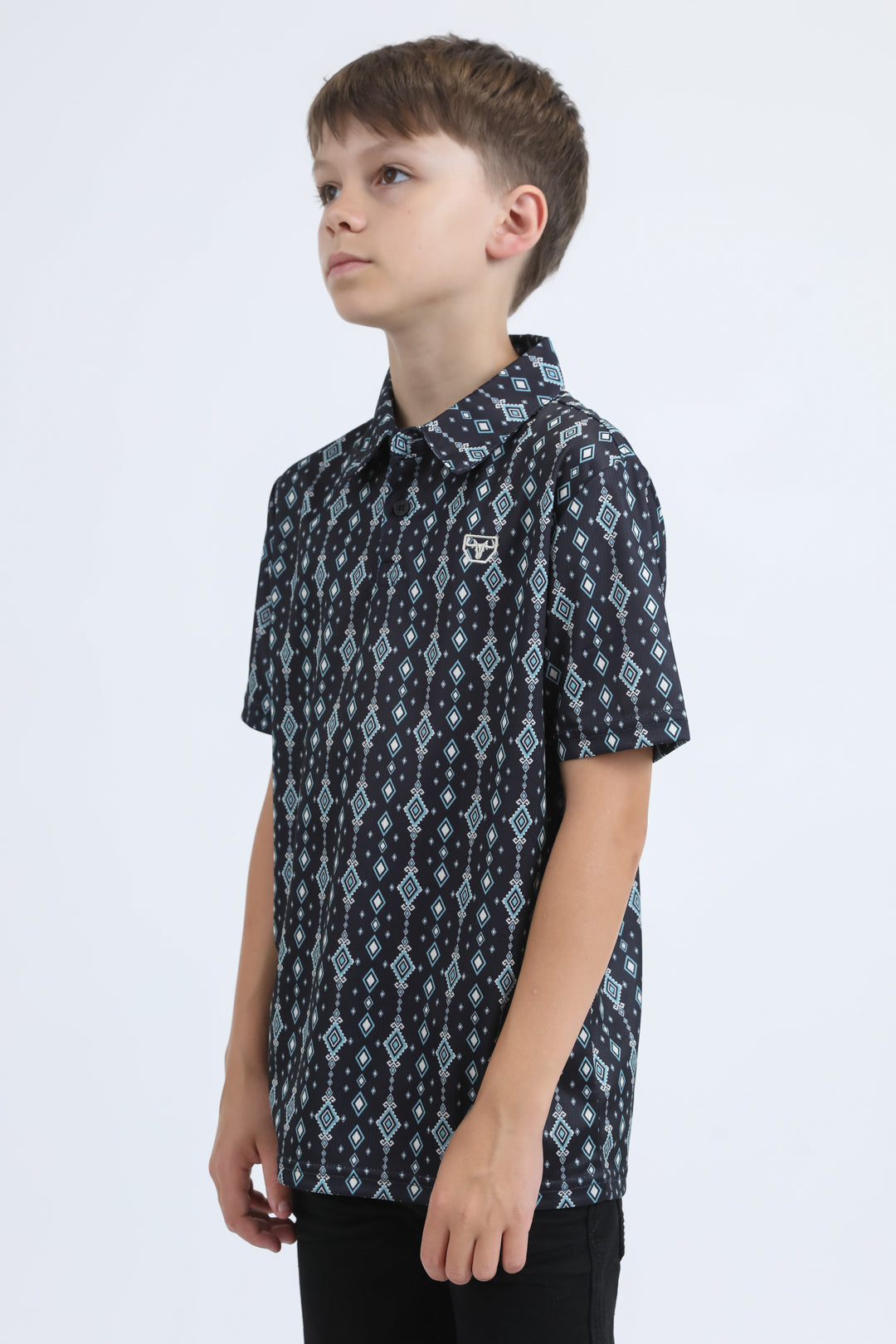 Kids Performance Fabric Modern Fit Stretch Aztec Print Black Polo