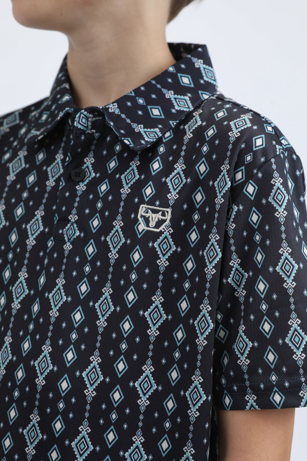 Kids Performance Fabric Modern Fit Stretch Aztec Print Black Polo