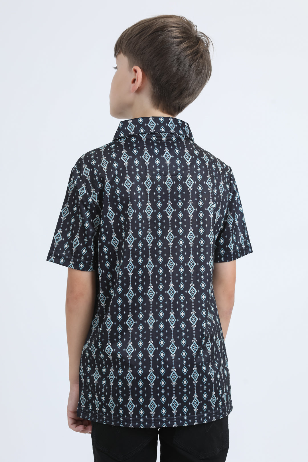 Kids Performance Fabric Modern Fit Stretch Aztec Print Black Polo