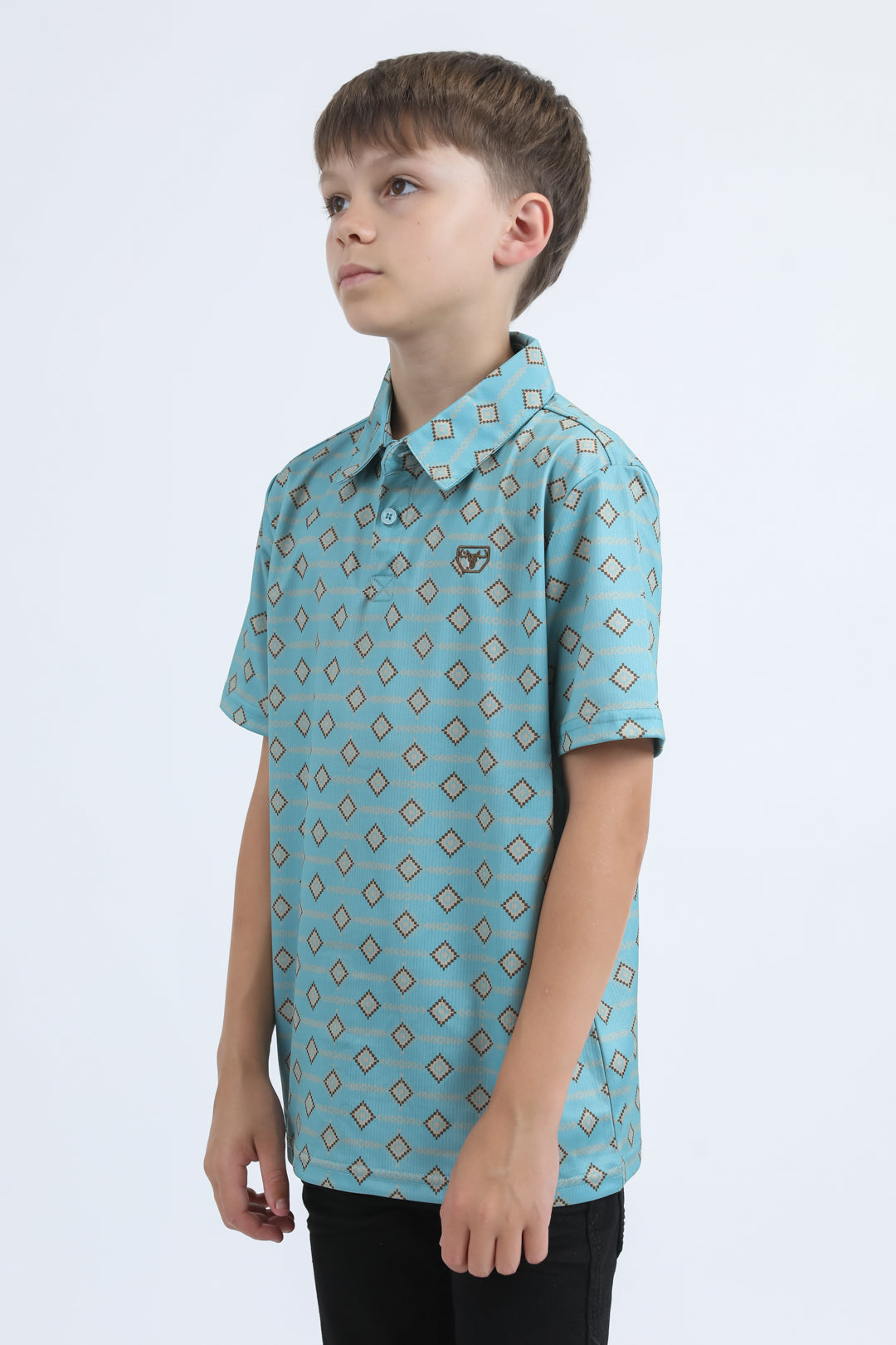 Kids Performance Fabric Modern Fit Stretch Aztec Print Blue Polo
