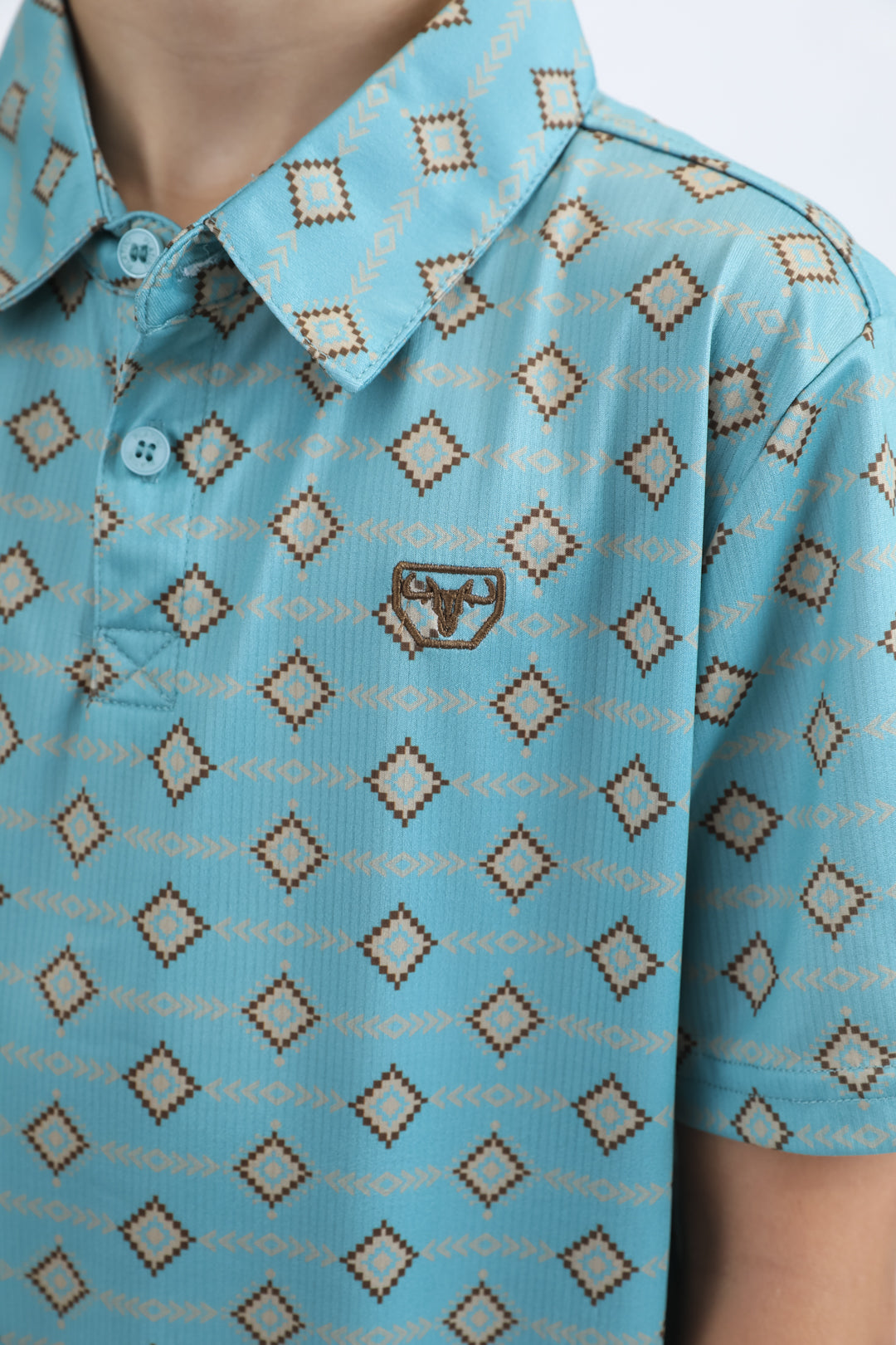 Kids Performance Fabric Modern Fit Stretch Aztec Print Blue Polo