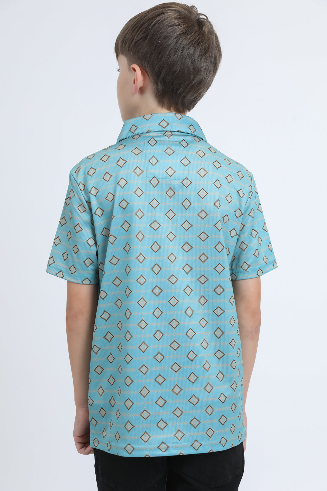 Kids Performance Fabric Modern Fit Stretch Aztec Print Blue Polo
