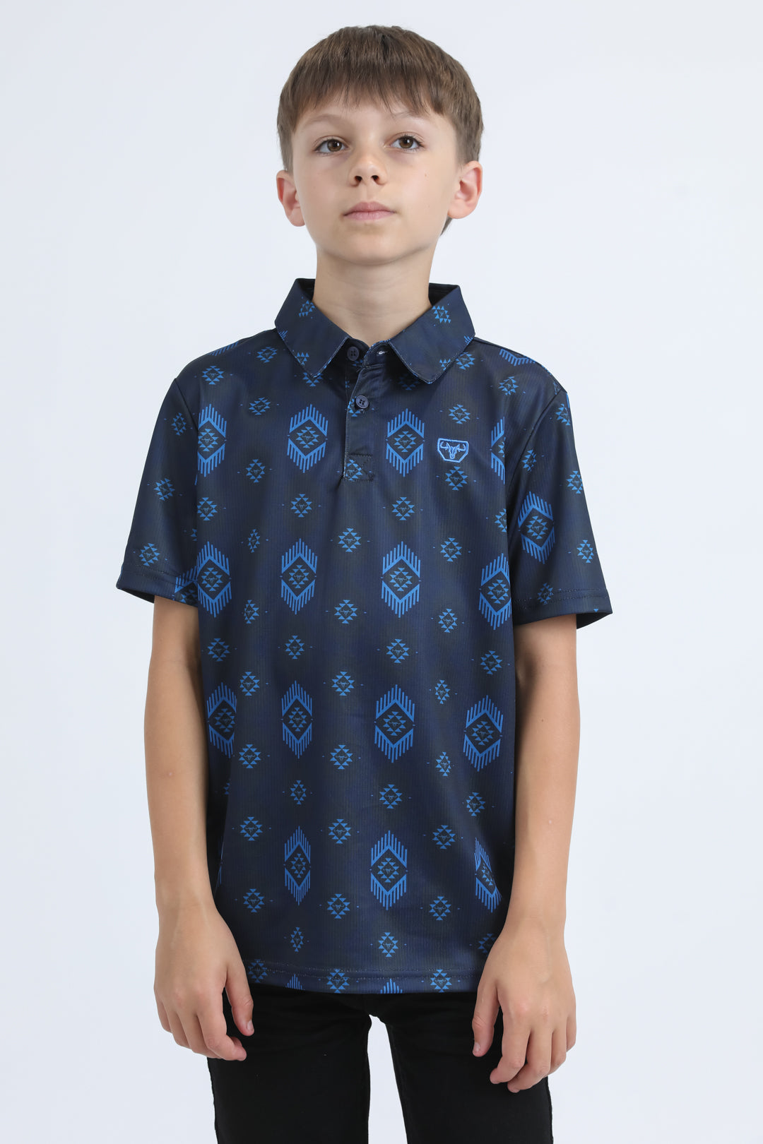 Kids Performance Fabric Modern Fit Stretch Aztec Print Blue Polo