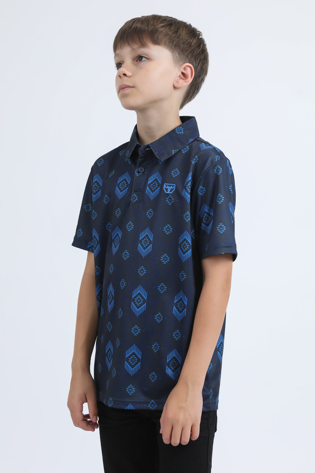Kids Performance Fabric Modern Fit Stretch Aztec Print Blue Polo