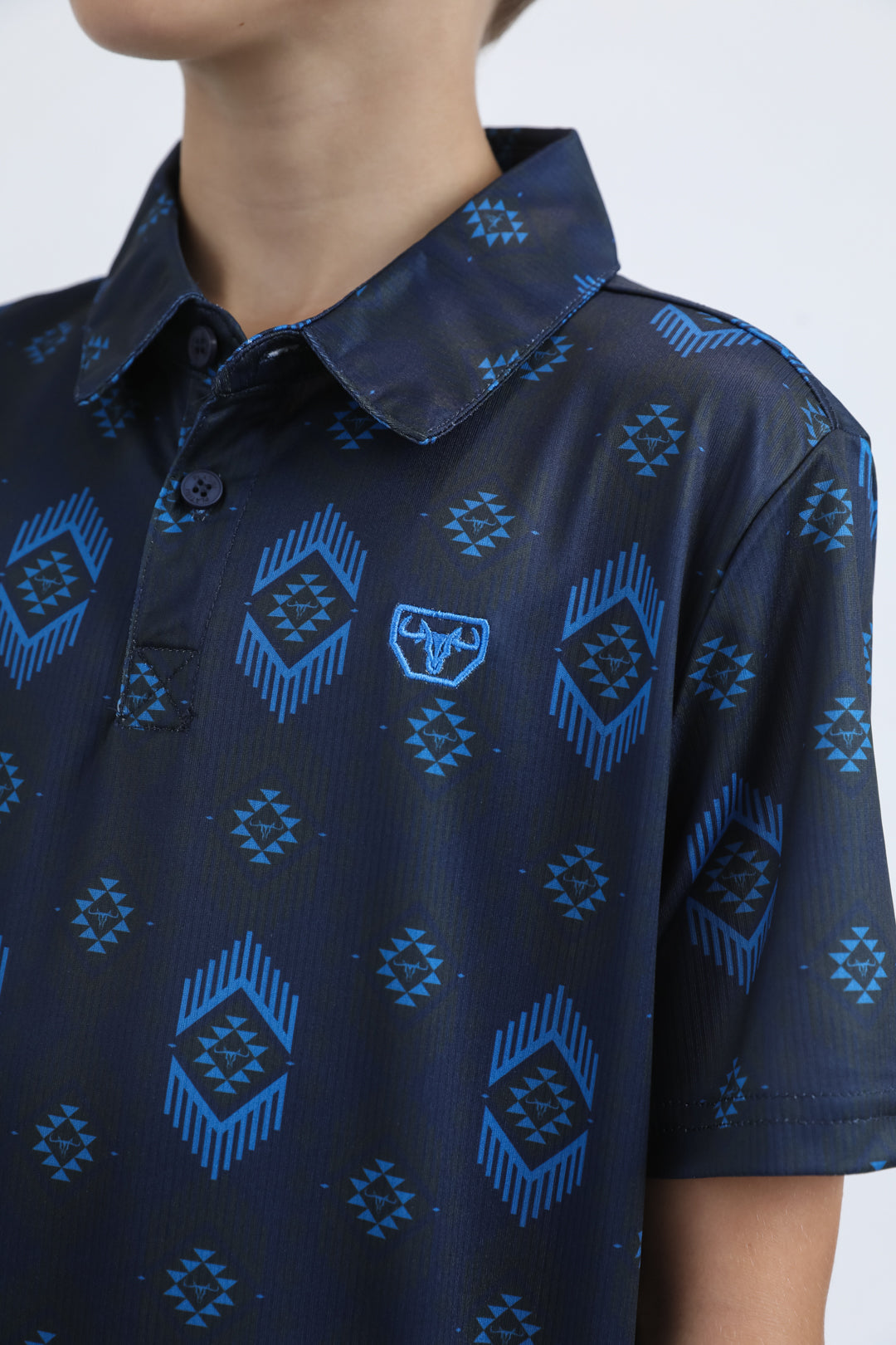 Kids Performance Fabric Modern Fit Stretch Aztec Print Blue Polo