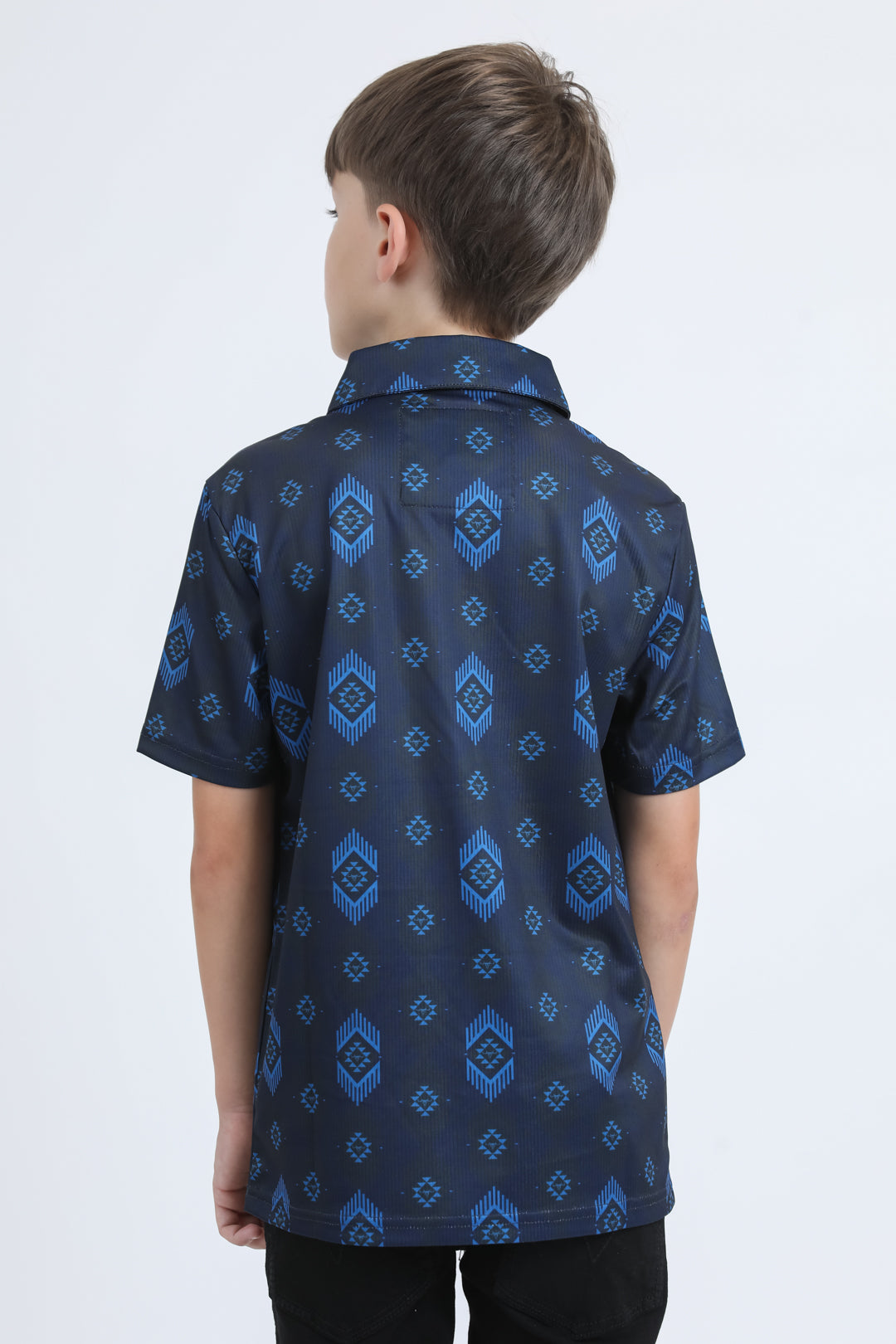Kids Performance Fabric Modern Fit Stretch Aztec Print Blue Polo