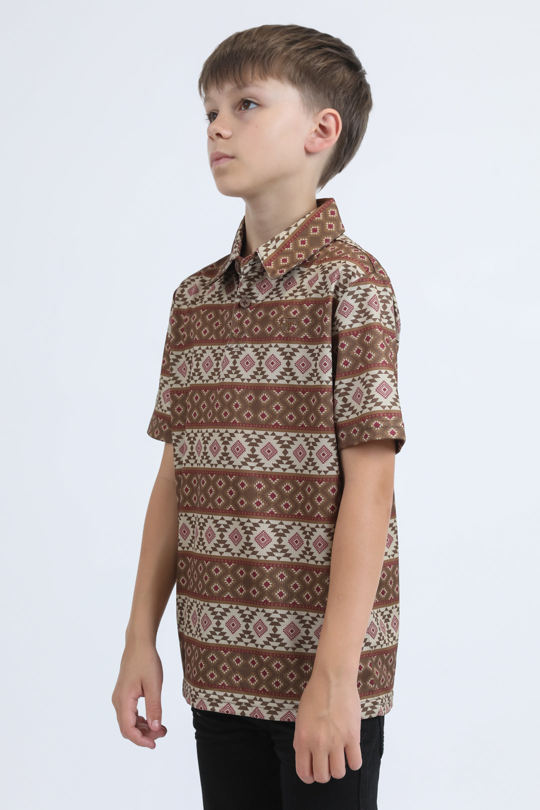 Kids Performance Fabric Modern Fit Stretch Aztec Print Brown Polo