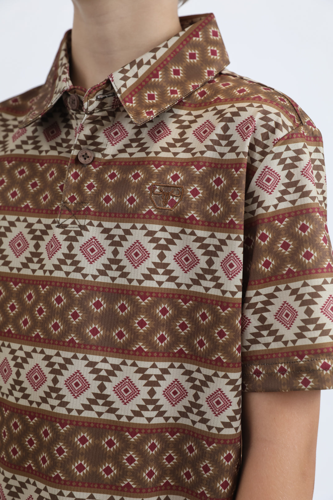 Kids Performance Fabric Modern Fit Stretch Aztec Print Brown Polo