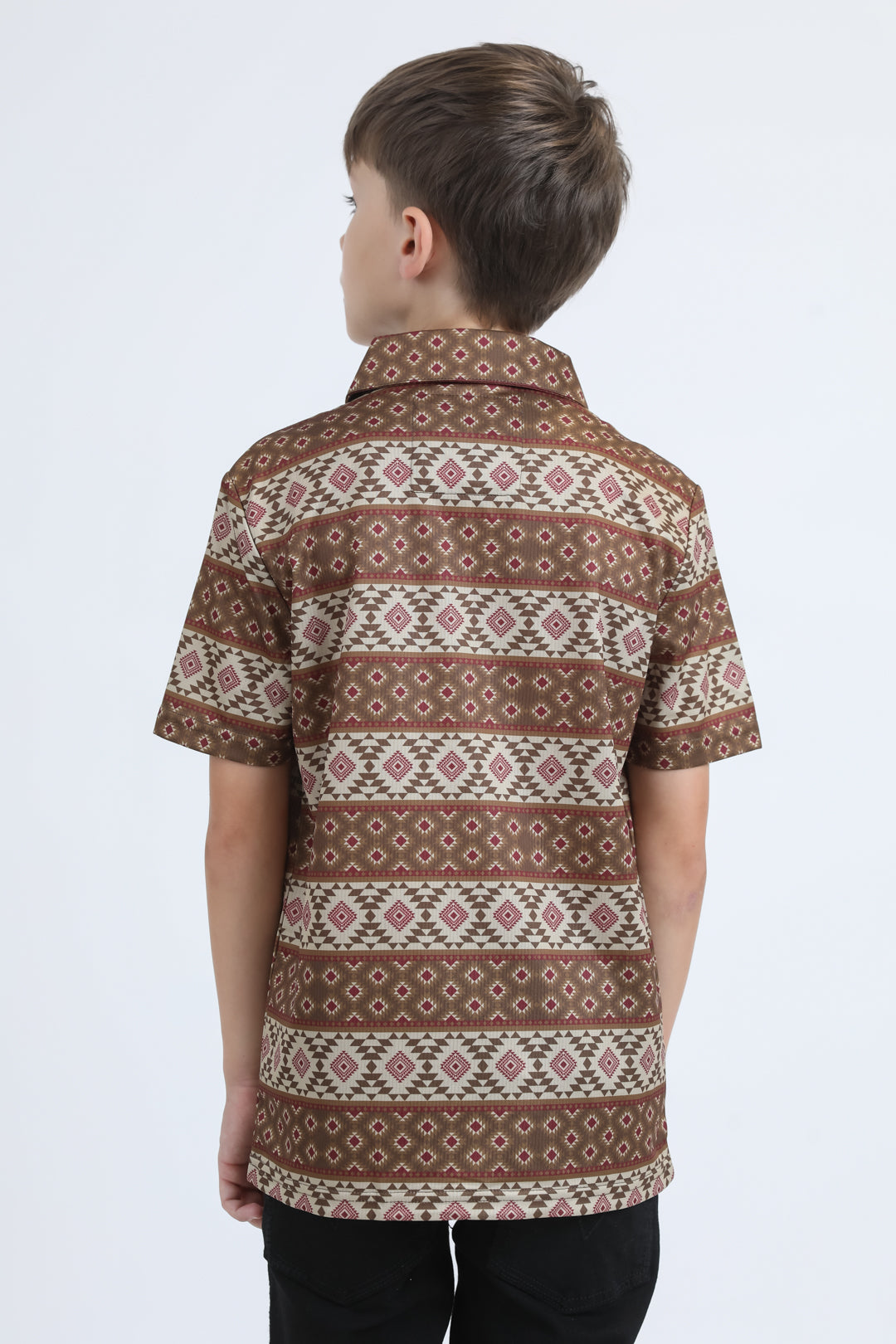 Kids Performance Fabric Modern Fit Stretch Aztec Print Brown Polo