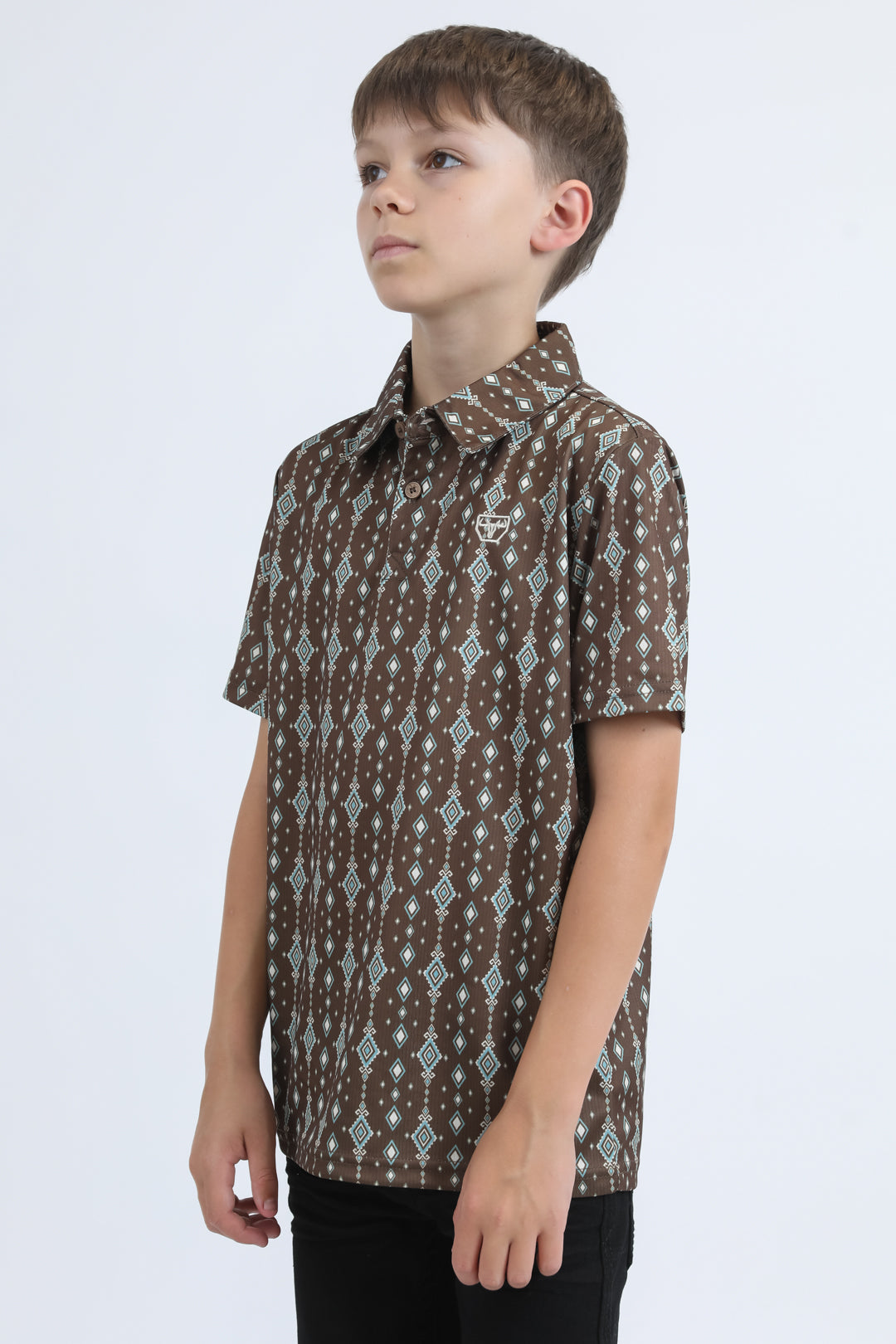 Kids Performance Fabric Modern Fit Stretch Aztec Print Brown Polo