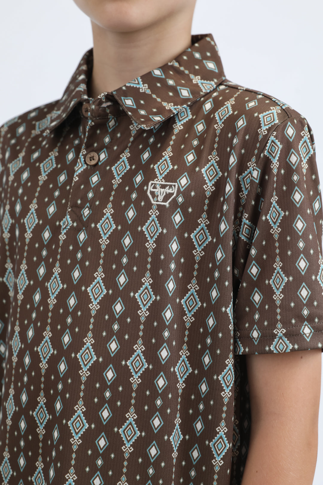 Kids Performance Fabric Modern Fit Stretch Aztec Print Brown Polo
