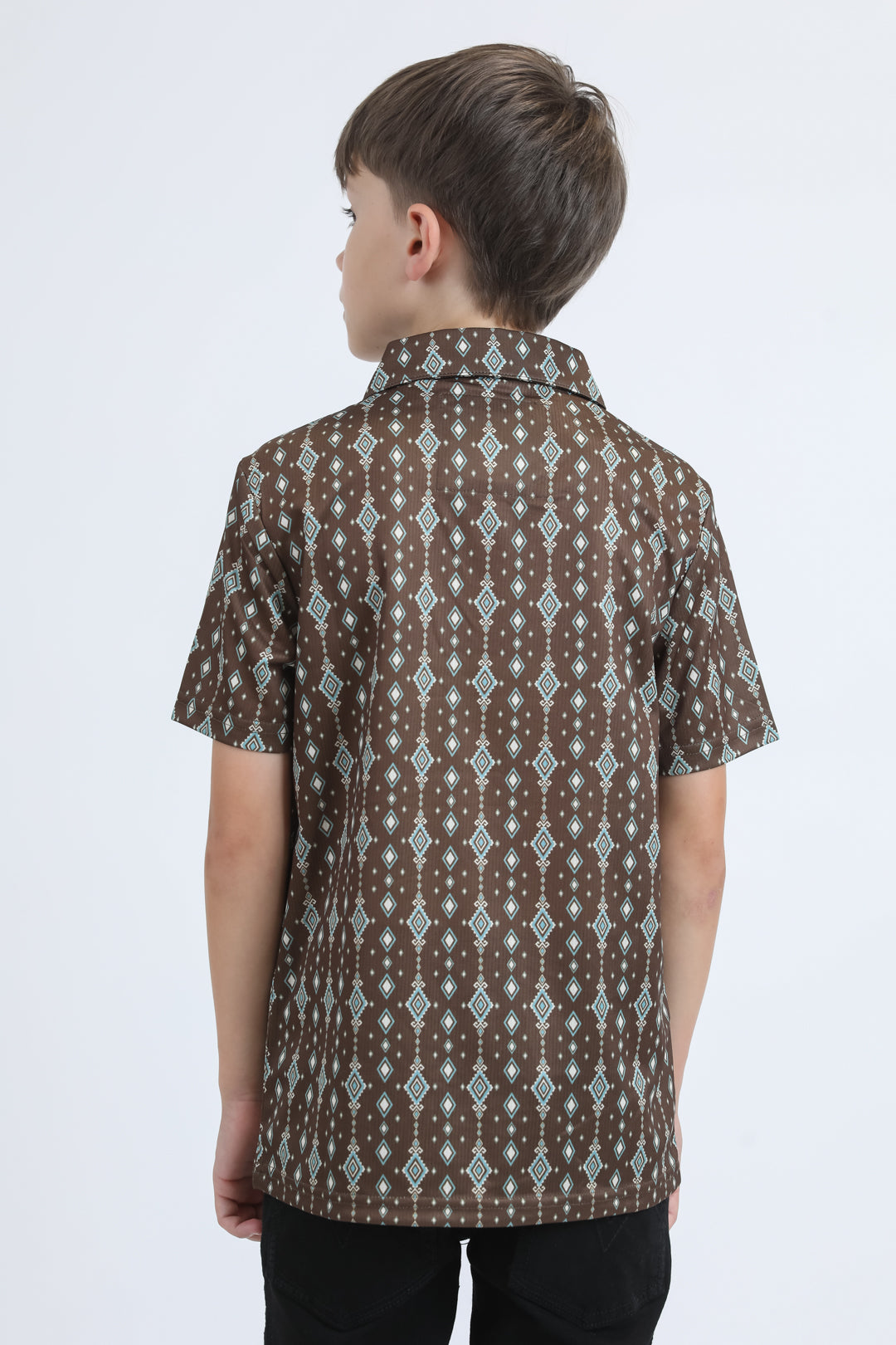 Kids Performance Fabric Modern Fit Stretch Aztec Print Brown Polo