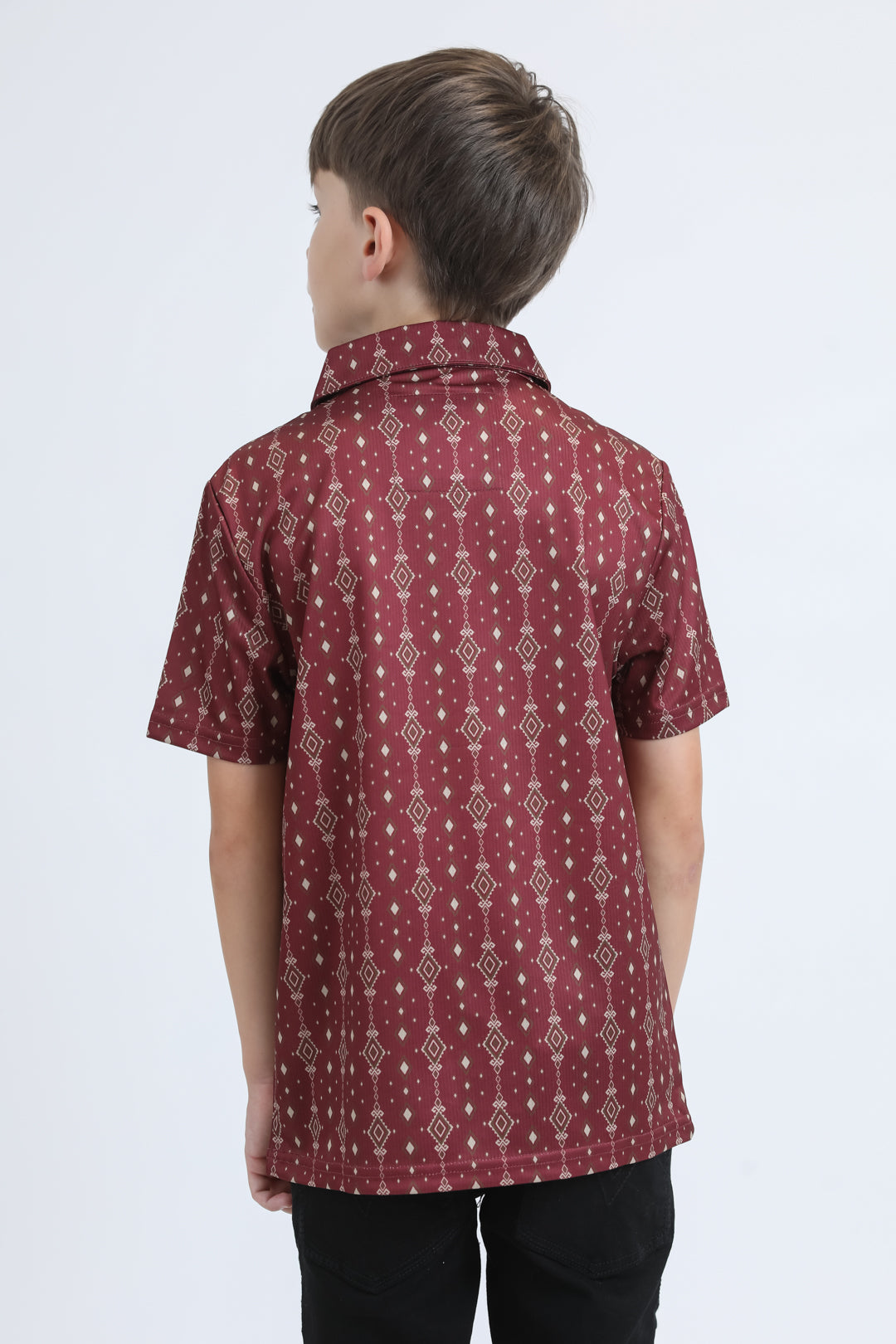 Kids Performance Fabric Modern Fit Stretch Aztec Print Red Polo
