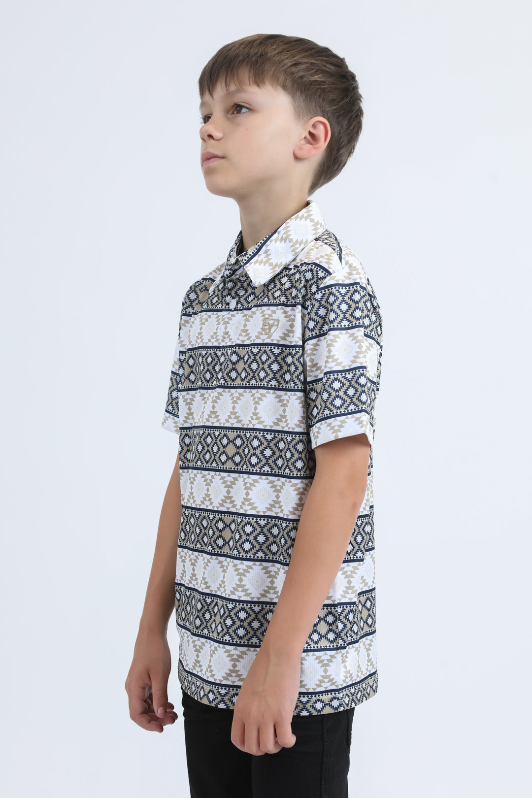 Kids Performance Fabric Modern Fit Stretch Aztec Print White Polo